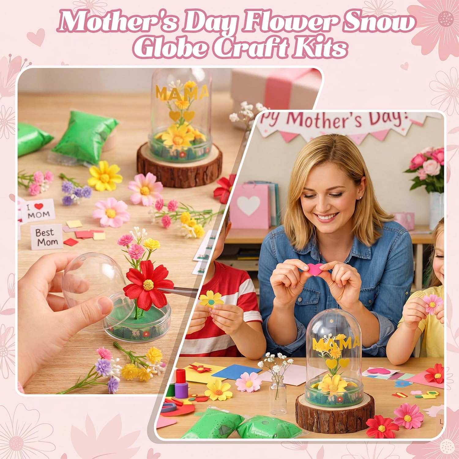 Newtay 12 Sets Mother's Day Flower Snow Globe Craft Kits with Artificial Flower Stickers Clay DIY Plastic Globe Kit Art Activity Project for Home Spring Party Supplies