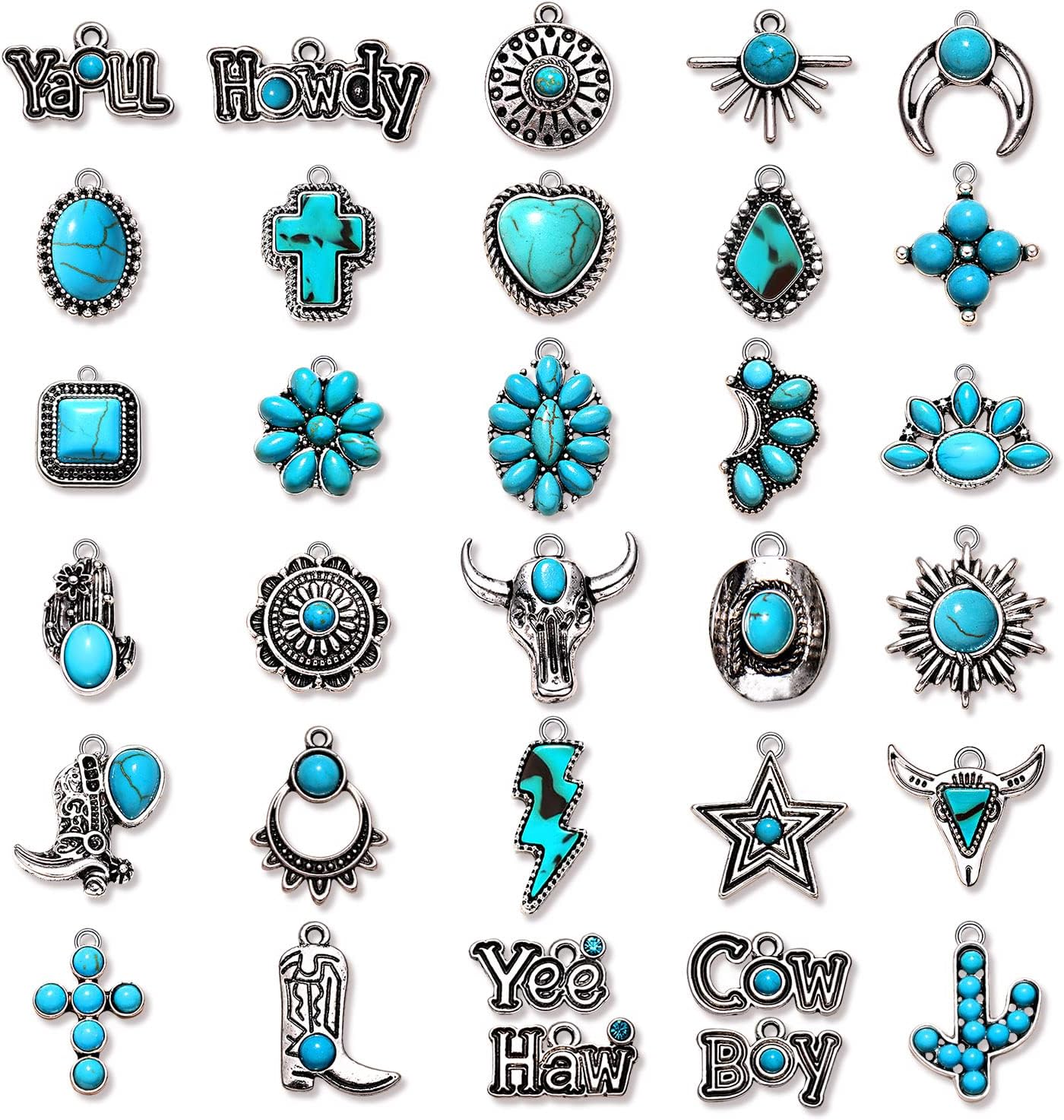30PCS Western Charms for Jewelry Making - Synthetic Turquoise Cowboy Cowgirl Boot Hat Cactus Lightning Pendants for Bracelet Necklace Making DIY Crafts