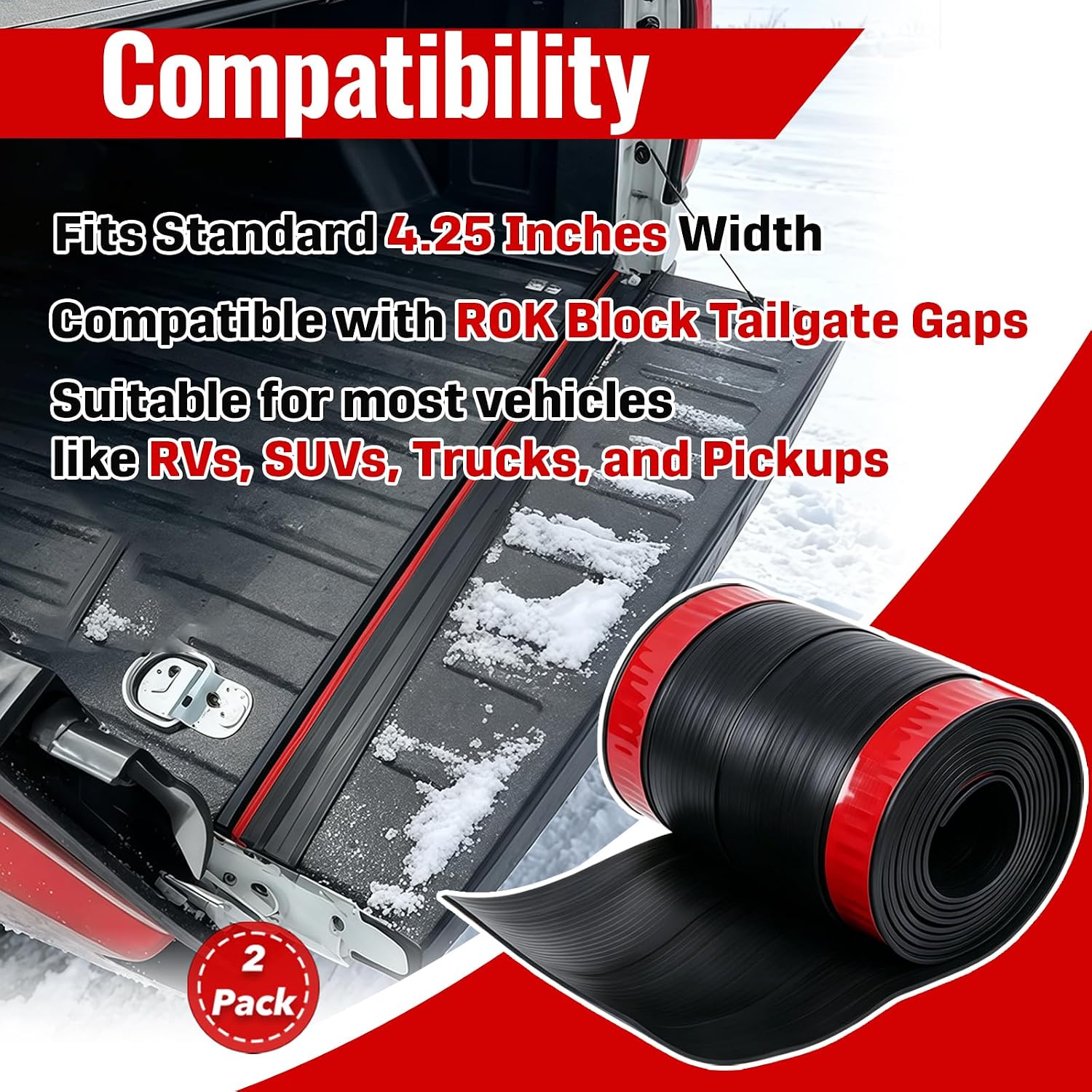 2-Pack 4.25” Width Tailgate Gap Cover Compatible with ROK Block Tailgate Gap, Tailgate Seal Replacement for Trucks, Rubber Tailgate Gap Protector to Block Dust, Water, Gravel, Easy Peel-and-Stick