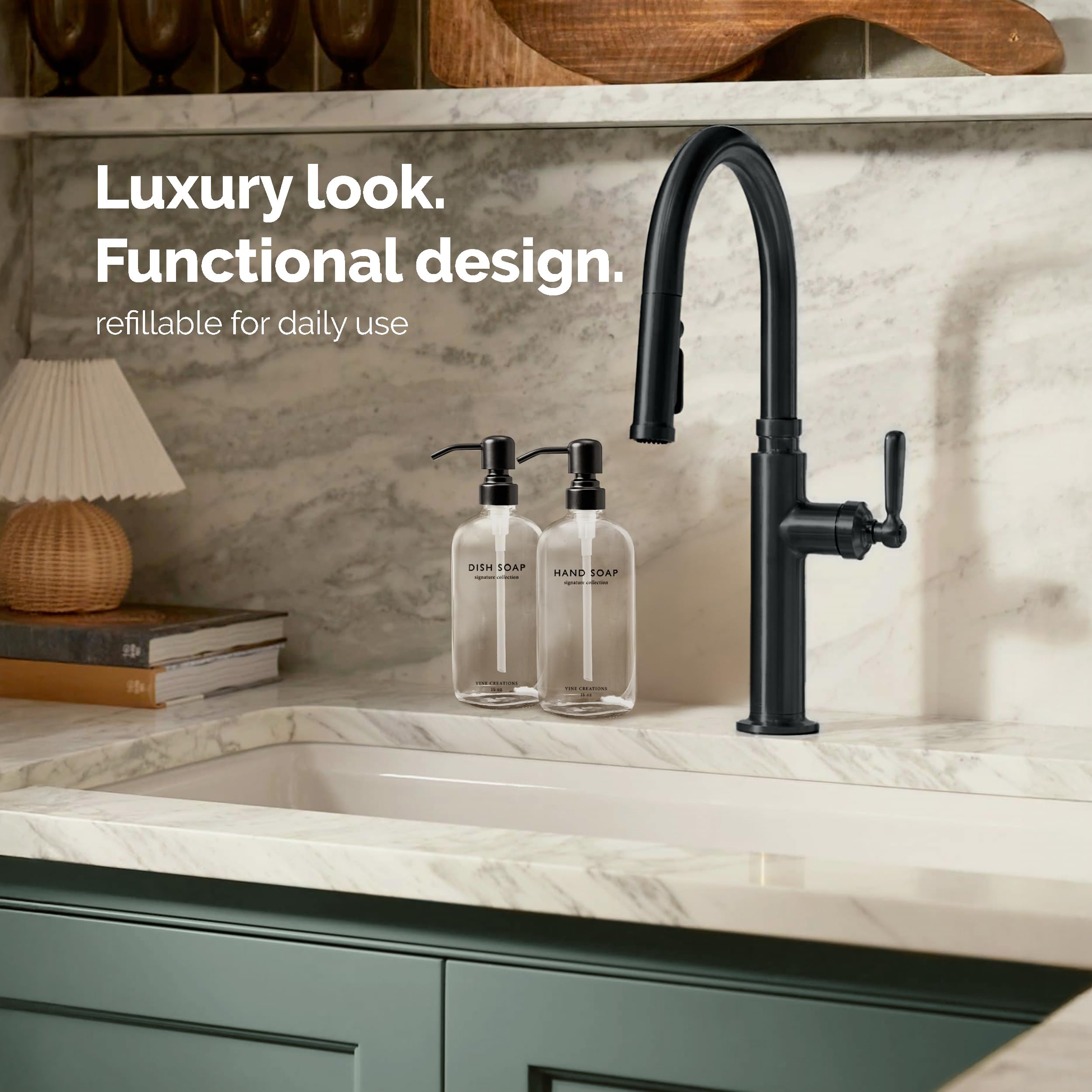 Vine Creations Dispenser di sapone in vetro trasparente, set di dispenser di sapone e sapone per le mani con pompa in acciaio inox, dispenser in vetro da 16 once per decorazione cucina e bagno