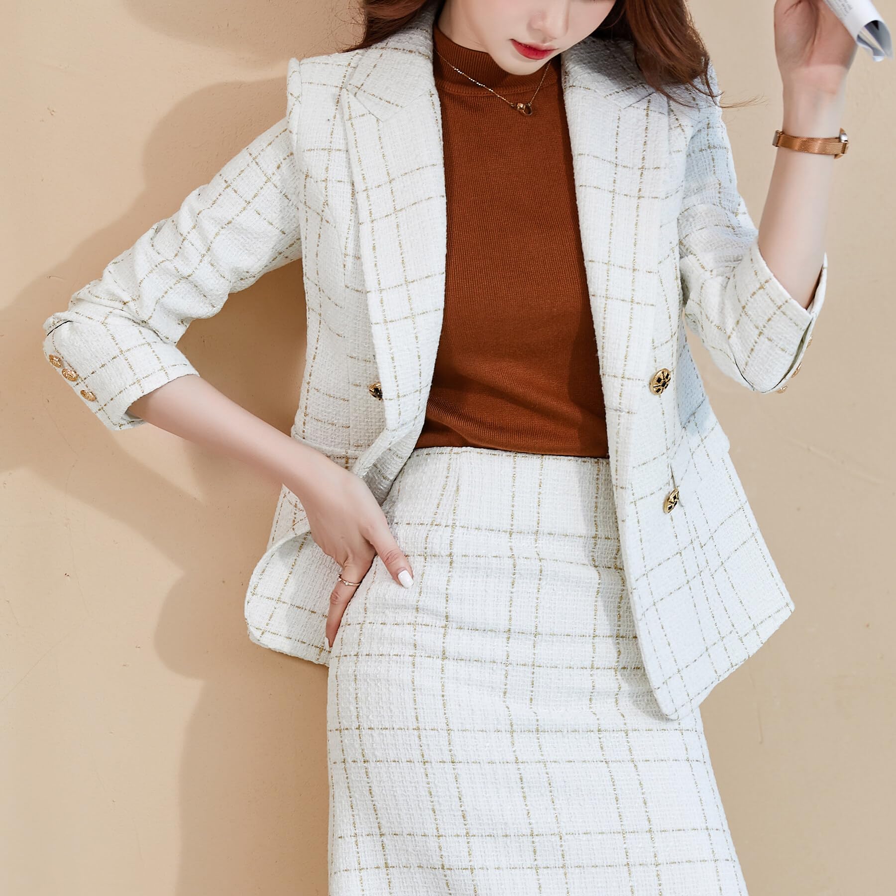 YYNUDA Abito da donna blazer tweed elegante blazer giacca plaid casual a maniche lunghe da donna giacca per ufficio