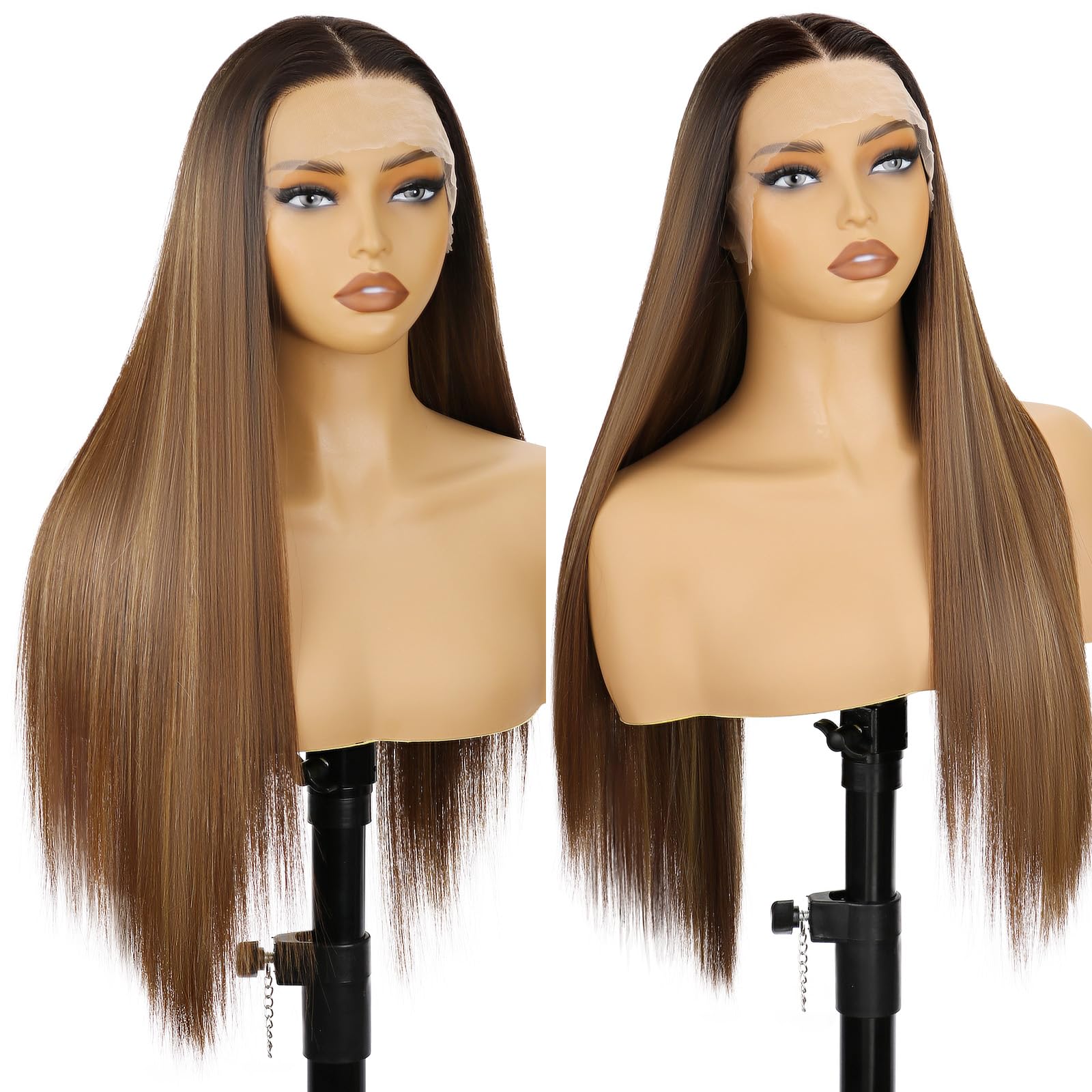 SUKRI 26inch 13X4X1 Highlight Blonde Lace Front Wigs Long Straight Brown Mixed Blonde Synthetic Lace Wigs for Women Daily Party Use