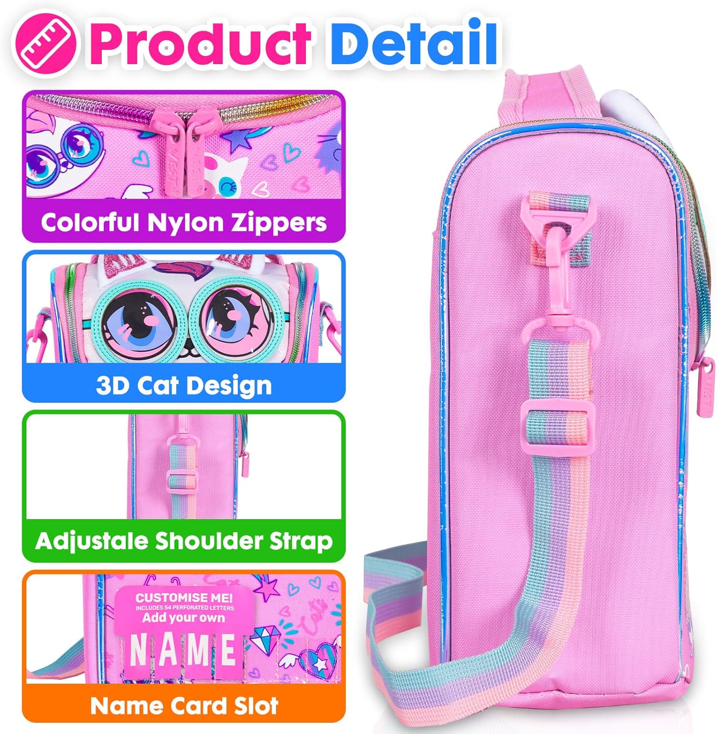 Kids Cooler Insulated Lunch Bag, Back to School Large Meal Tote for Girls, Boys, Men, Women, with Water Bottle Holder and Adjustable Strap, Cat