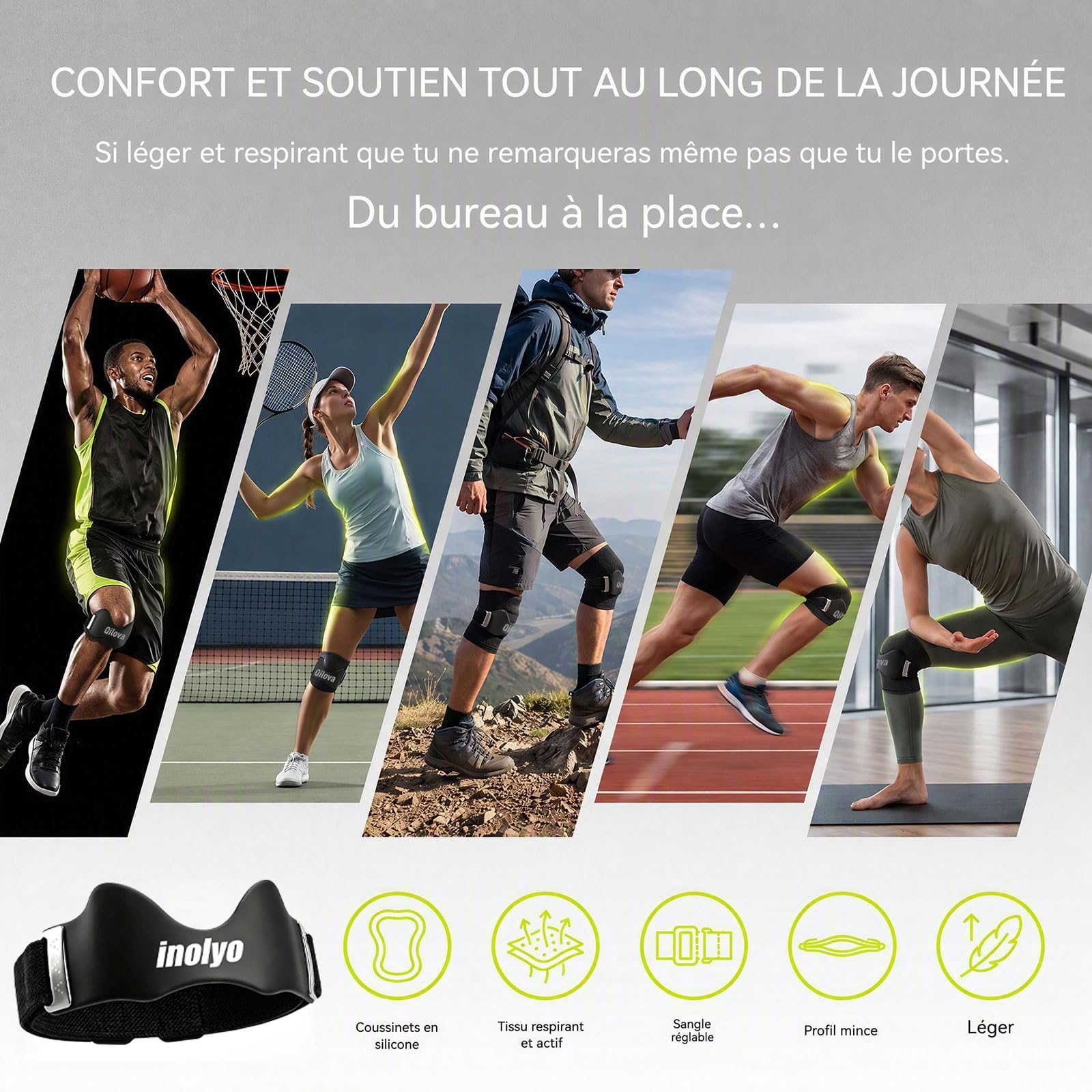 Inolyo Pour Genoux, Sangle Rotulienne Genoux, Genouillere Arthrose Genou, Sangle Silicone Ajustable, Respirante, Antidérapante, pour la Course, le Sport et les Activités Quotidiennes