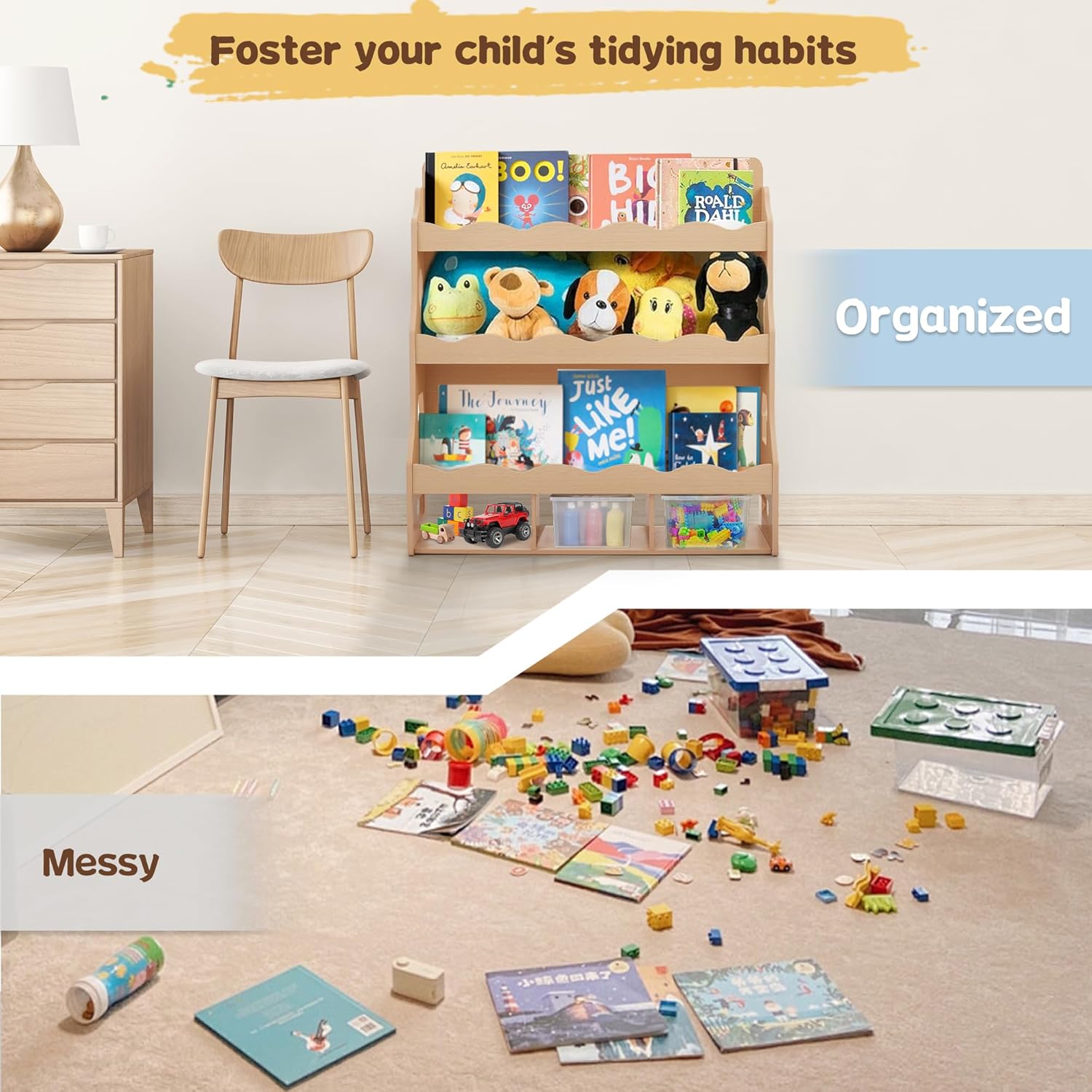 Wooden Kids Bookshelf, Book Shelf for Kids Rooms w/Scalloped Edges, Durable Childrens Bookshelf with 3 Cube Bins for Books & Toys - Toddler Montessori Bookcase Nursery - Image 5