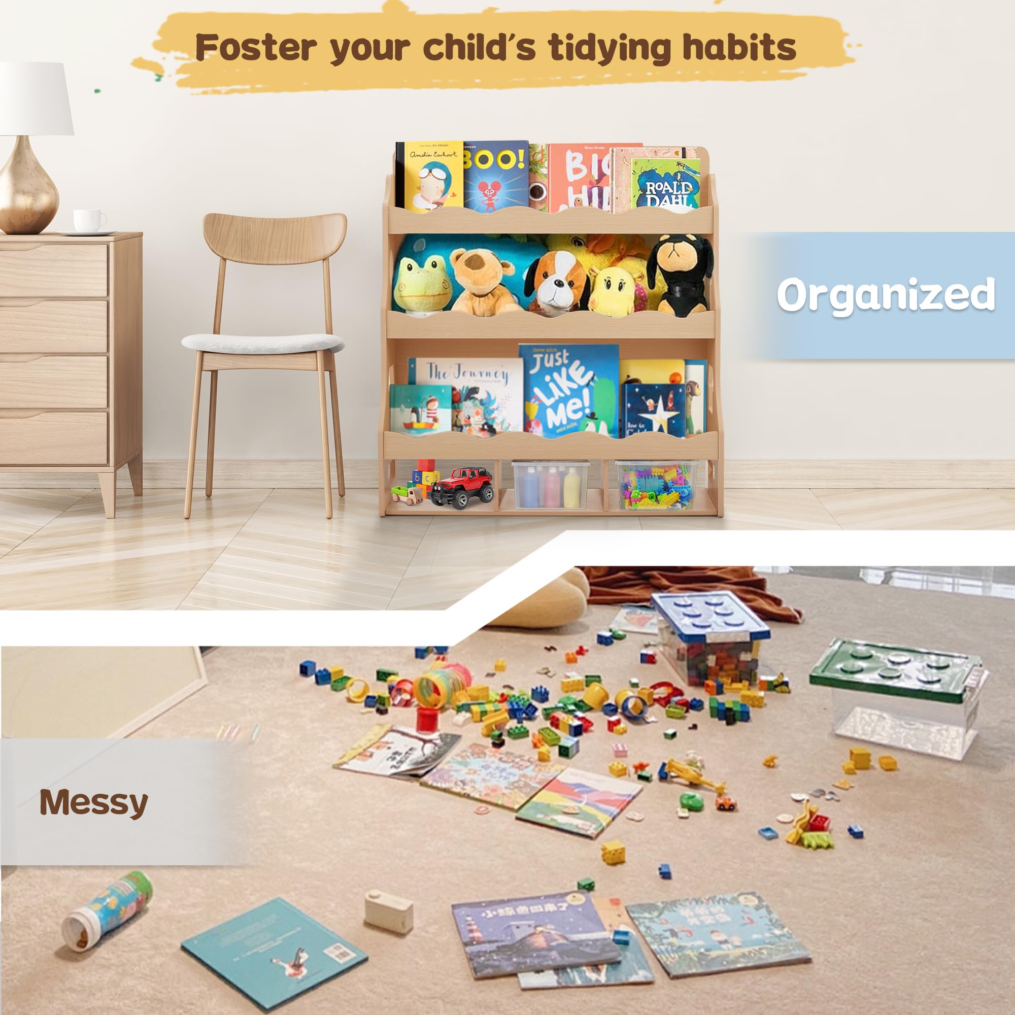 Estantería de madera para niños, estantería para habitaciones infantiles con bordes festoneados, estantería duradera para niños con 3 cubos para libros y juguetes, estantería Montessori para 5