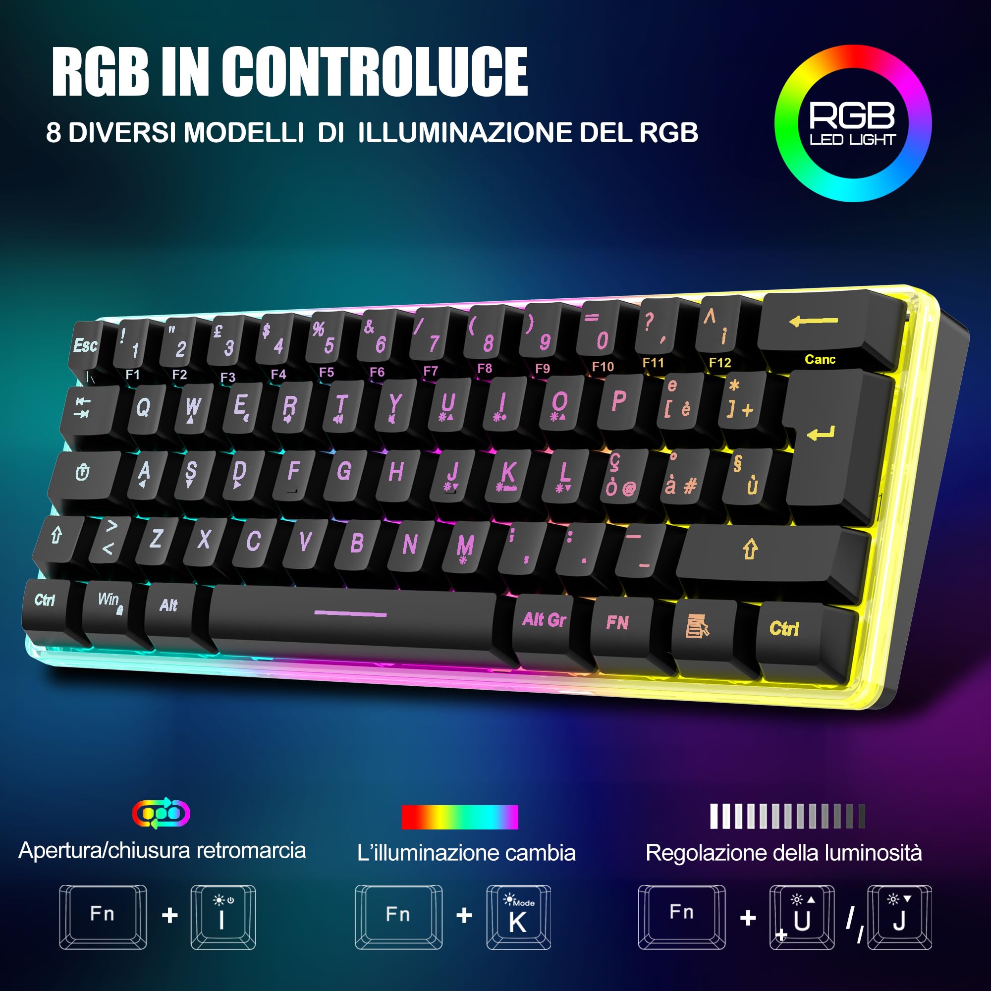 RedThunder 60% Tastiera da Gioco Meccanica Senza Fili, Retroilluminazione Dinamica RGB, Mouse a Nido D'ape Leggero da 3200 DPI, Tastiera Ultracompatta, 62 Tasti Antiriflesso, Layout IT per PC/PS5-Nero