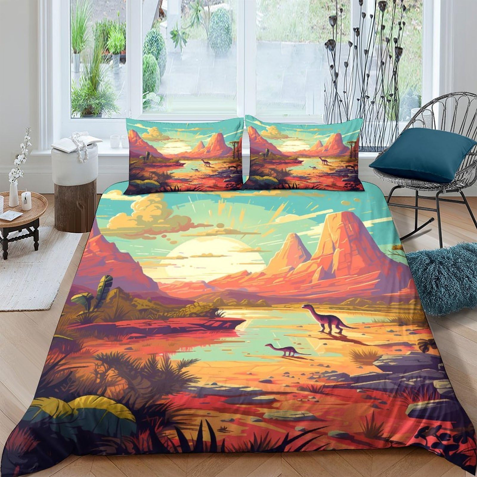 Ctjqhvkz Style-10 3D Printed Dinosaur Sunset Fitted Sheet Microfiber Soft Non-Slip Protection Mountain Landscape Mattress Cover Single（135X200cm）