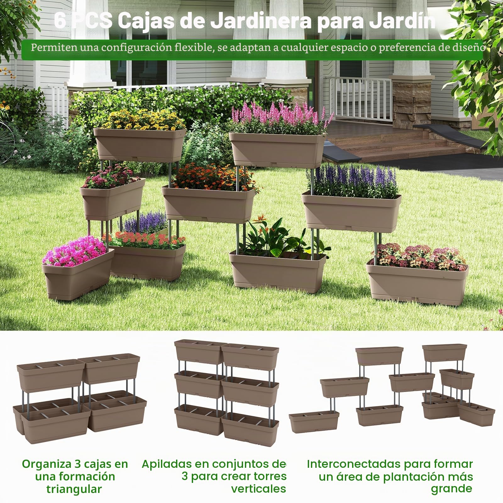 HOMASIS Juego de 6 Macetas para Flores, Jardinera Vertical para Exterior con Sistema de Drenaje, Combinación Libre, Almohadilla de Jardín Elevada en PP para Frutas, Hierbas, Vegetales (Gris)