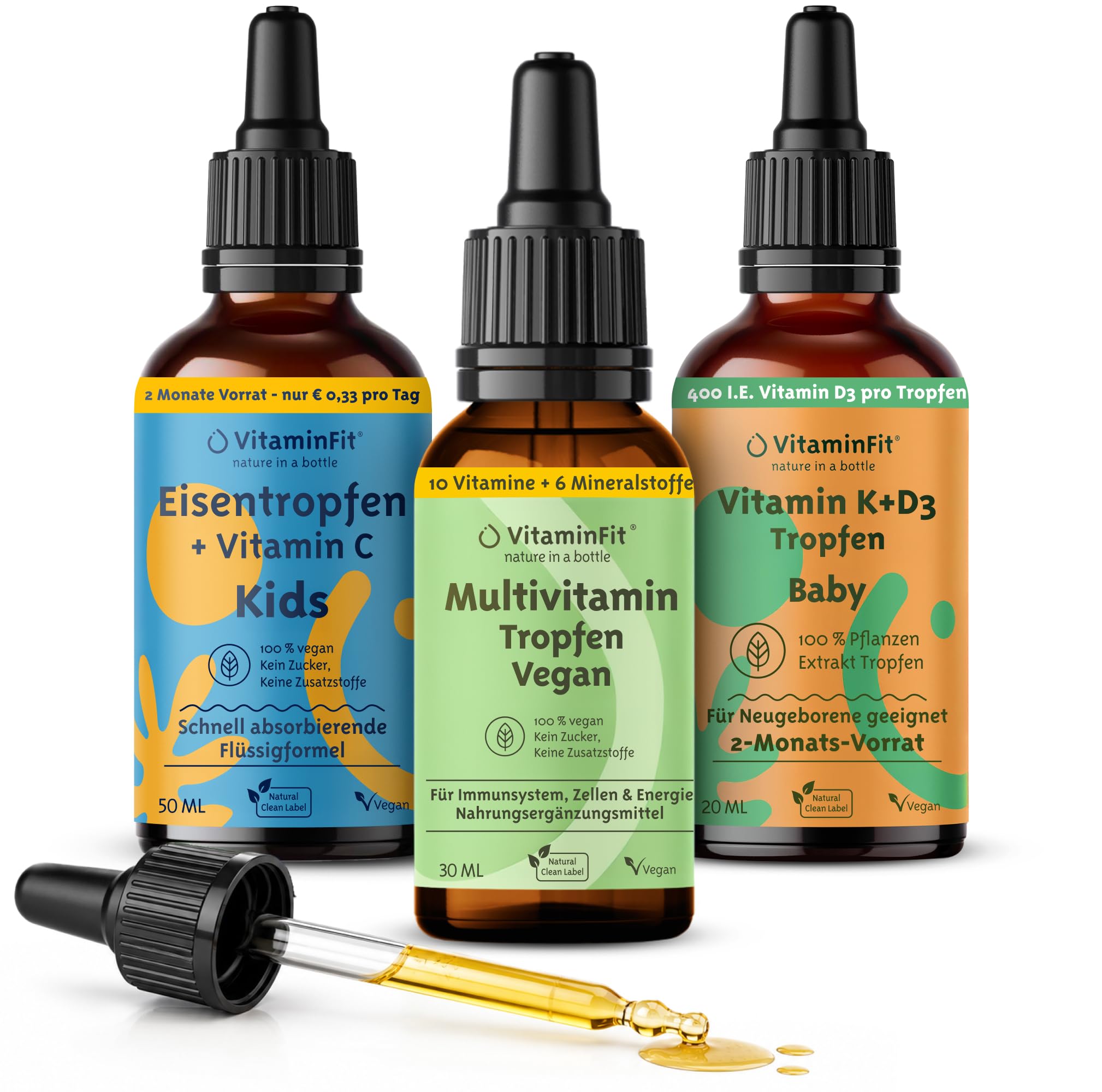 Multivitamin, Eisen, & Babys Vitamin K und D3-Tropfen