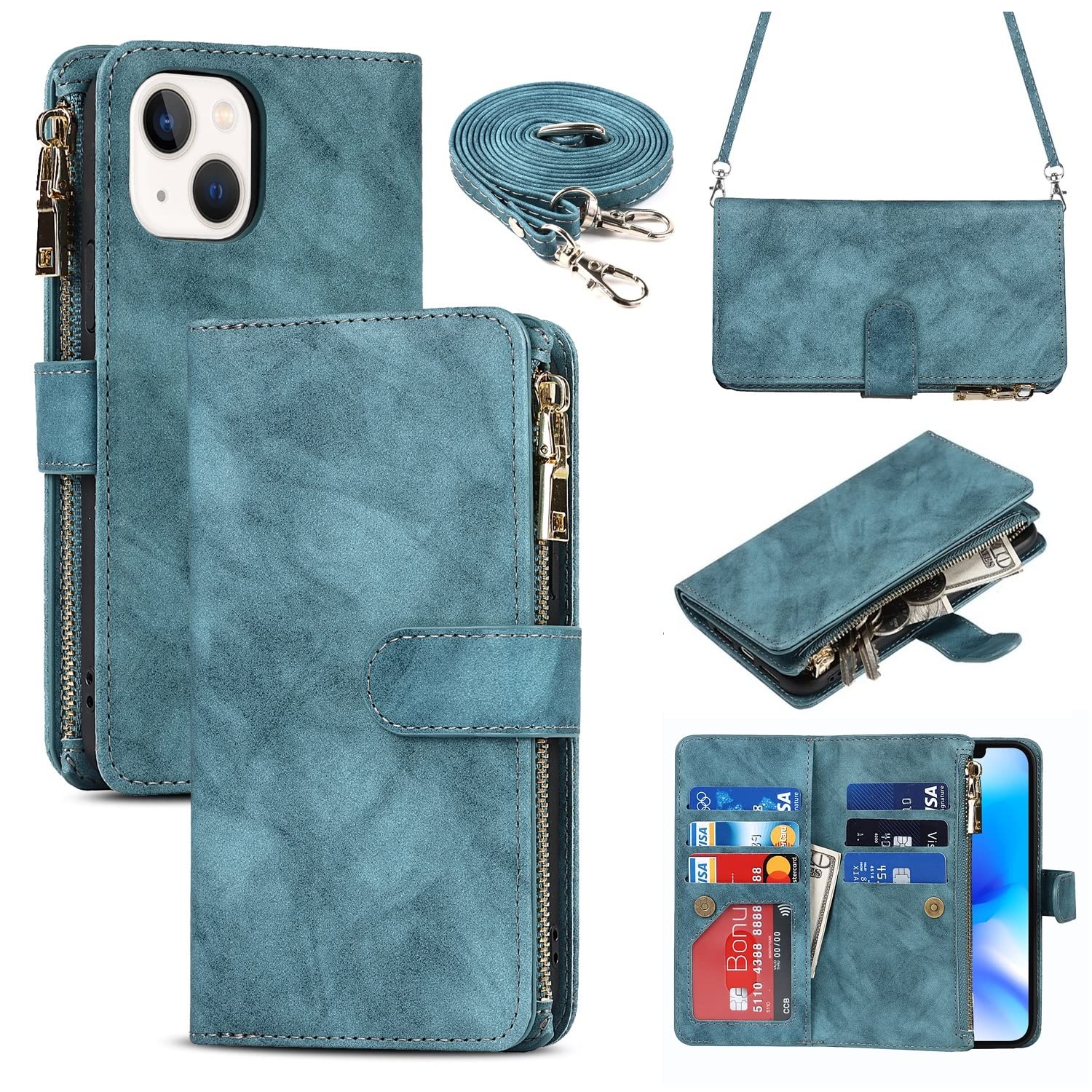 Housse iPhone 14 Plus bleu pour voyager léger grâce au cordon et support - 8