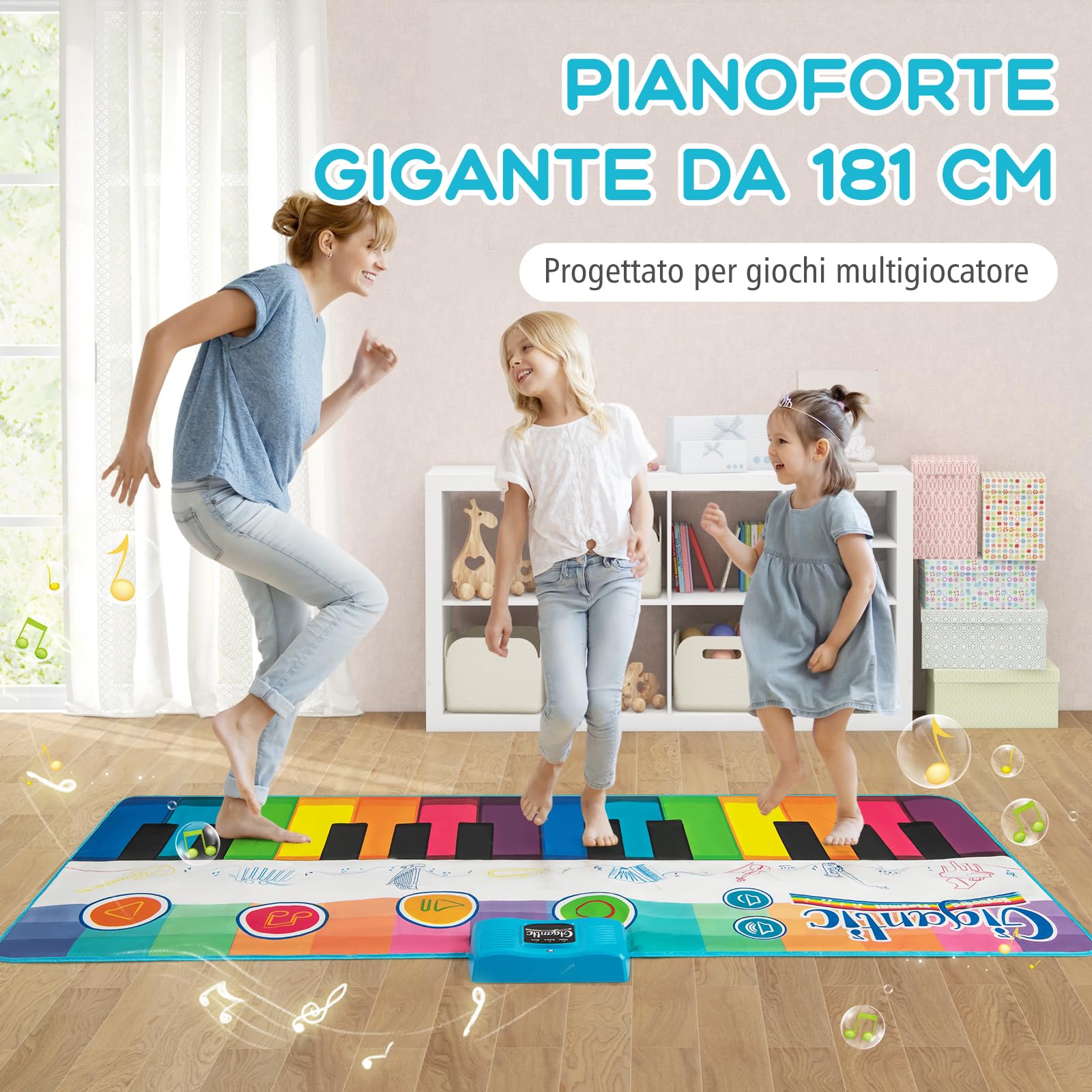 GYMAX Tappeto Pianoforte da 181 CM, Grande Tappeto da Ballo con Pianoforte a Tastiera con 24 Tasti, 8 Suoni di Strumenti, 10 Canzoni, Riproduzione e Volume Regolabile, per Bambini 3+ Anni