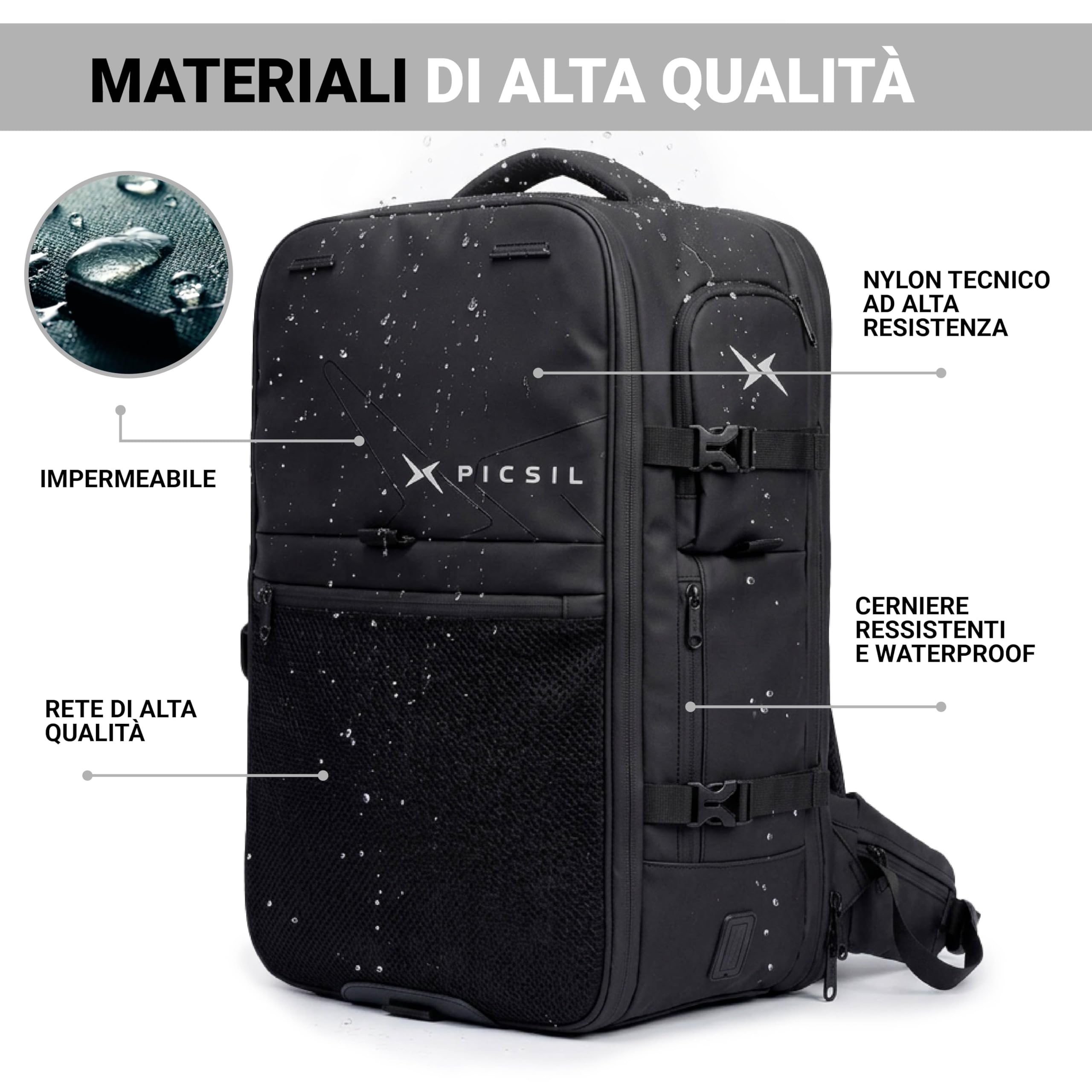 PICSIL Horizon, Zaino Cabina Espandibile 26L-33L, Porta Laptop - Moonless | 47x29x18,5cm impermeabile con porta USB-C. Apertura 18°, scomparto scarpe e tasca PC, ideale per lavoro e viaggi.