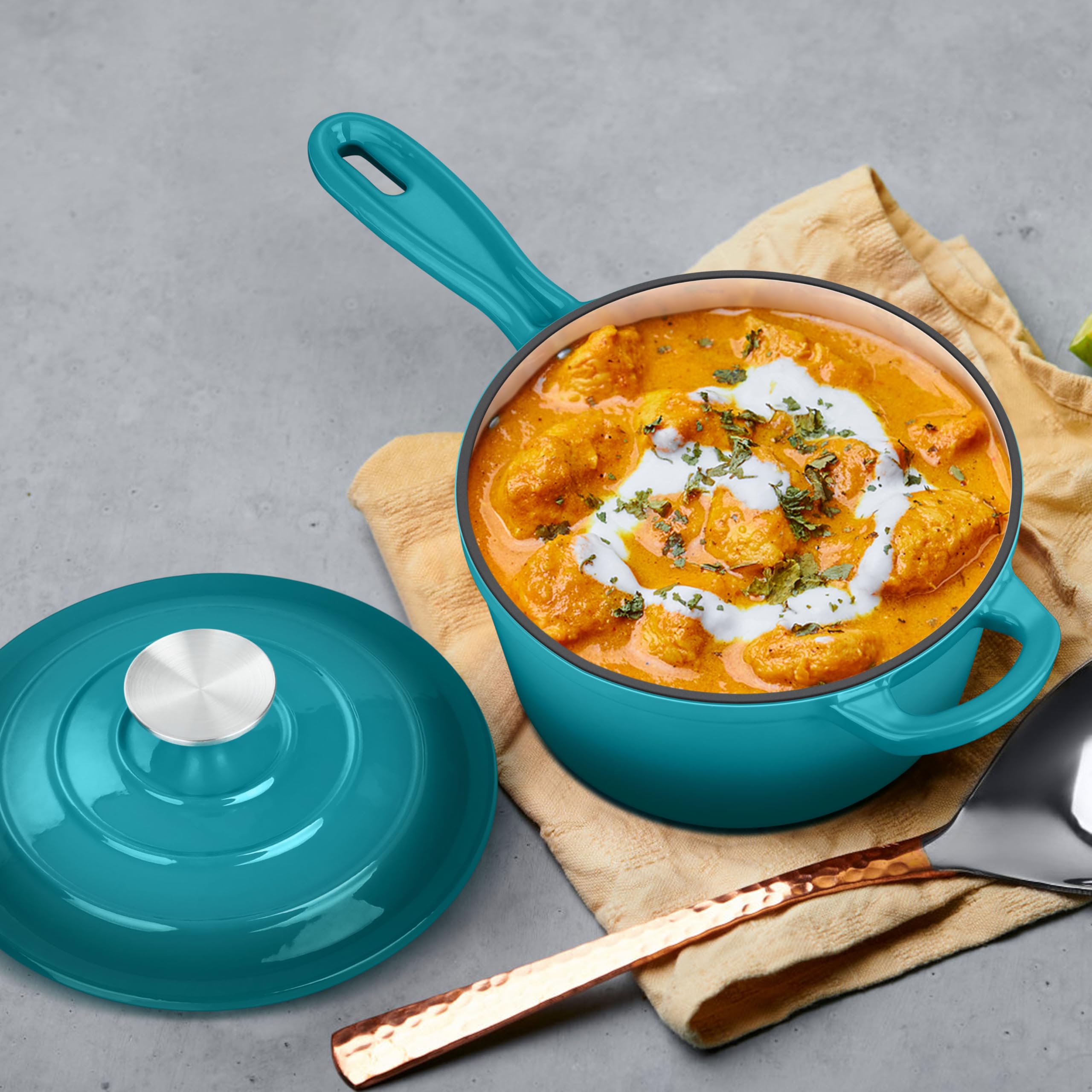 Leonyo - Sartén de hierro fundido esmaltado de 3 cuartos con tapa, olla grande de hierro fundido holandés, utensilios de cocina para todas las cocinas, pasta, sopa, leche, hasta 260.0 °C y 8 bs, verde