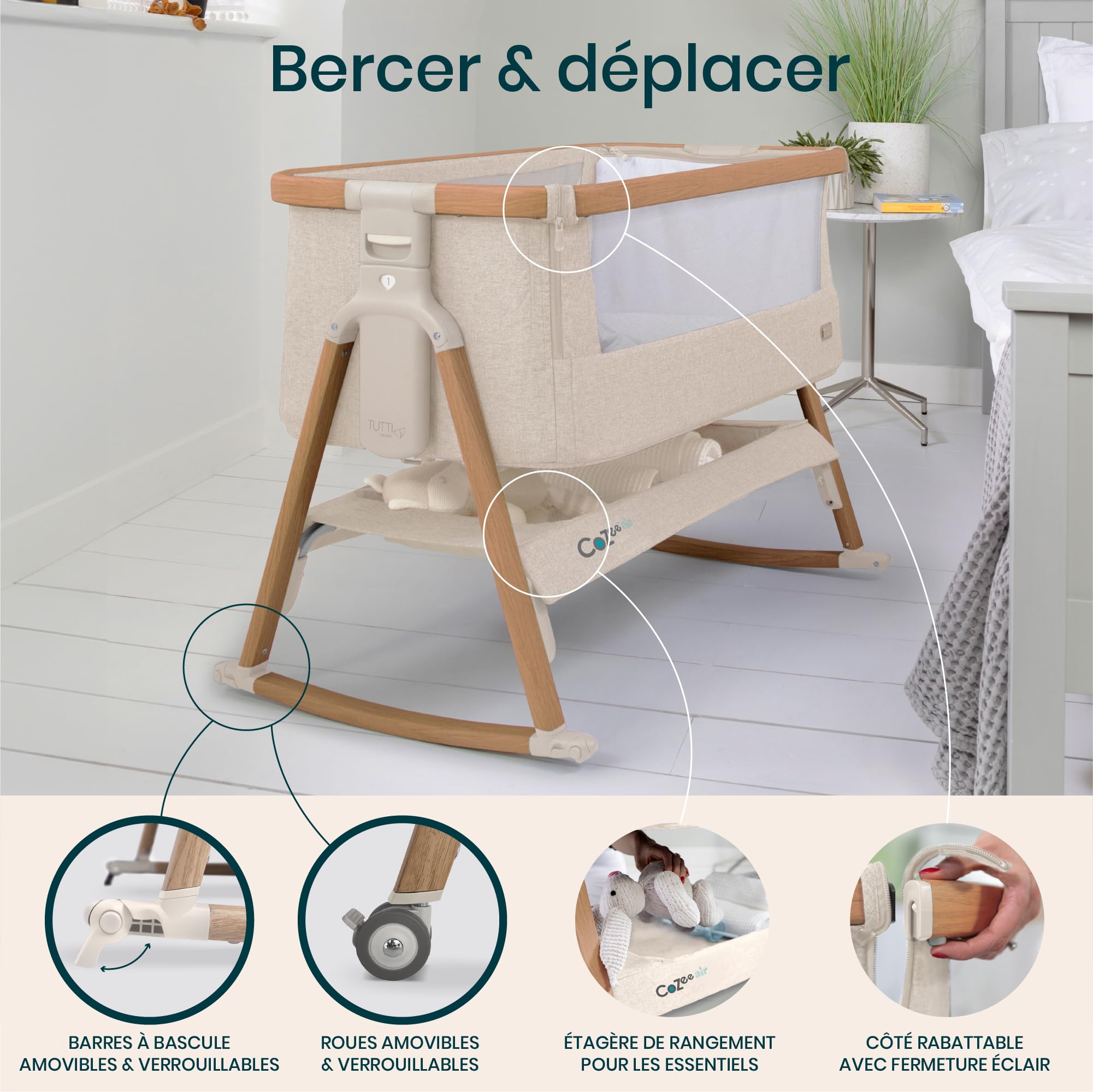 Tutti Bambini CoZee® Air Berceau Bébé & Lit Cododo - Lit Bébé Pliable avec Sac de Transport - Matelas Deluxe Respirant & 6 Hauteurs Réglables - 0-6 Mois (Noyer & Écru)