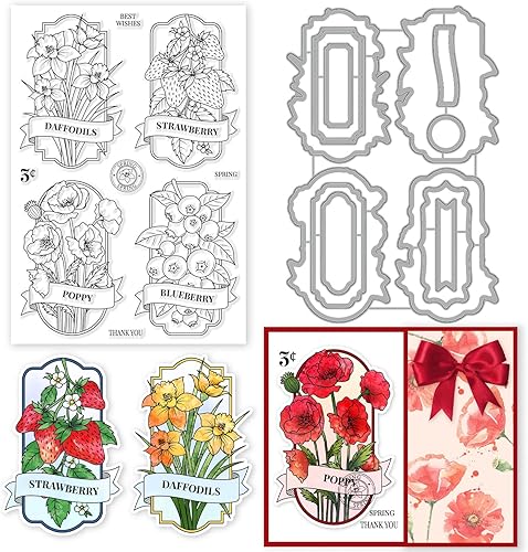 INFUNLY Juego de sellos y troqueles transparentes de flores de primavera, fresa, frutas, florales, de silicona, troqueles de corte de etiquetas para