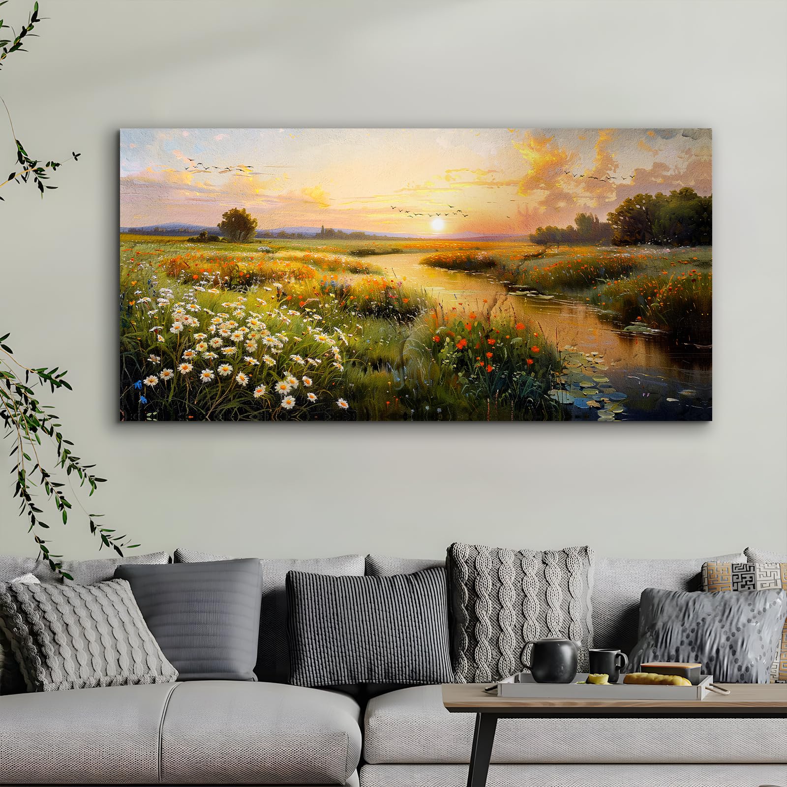 SERIMINO Large Wall Art for Living Room, Sunset Landscape Wall Decor, Meadow Wildflowers Canvas Prints Paintings, Marshland Scenery Pictures Home Decor for Bedroom Dining Room Kitchen 29"X57"