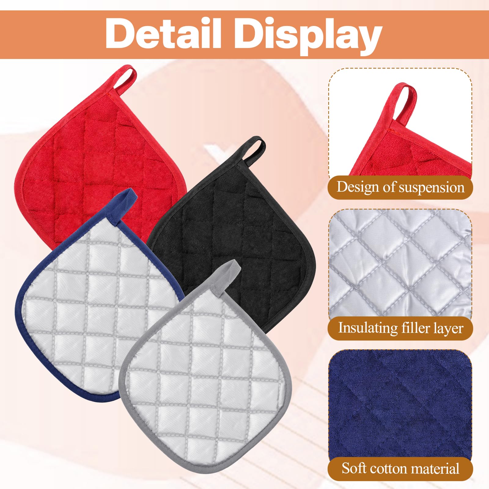 SHENLIU 24 presine in cotone per cucina, 17,8 x 17,8 cm, resistenti al calore, 4 colori, lavabili con passanti per appenderli, per cucinare in forno, nero, grigio, blu, rosso