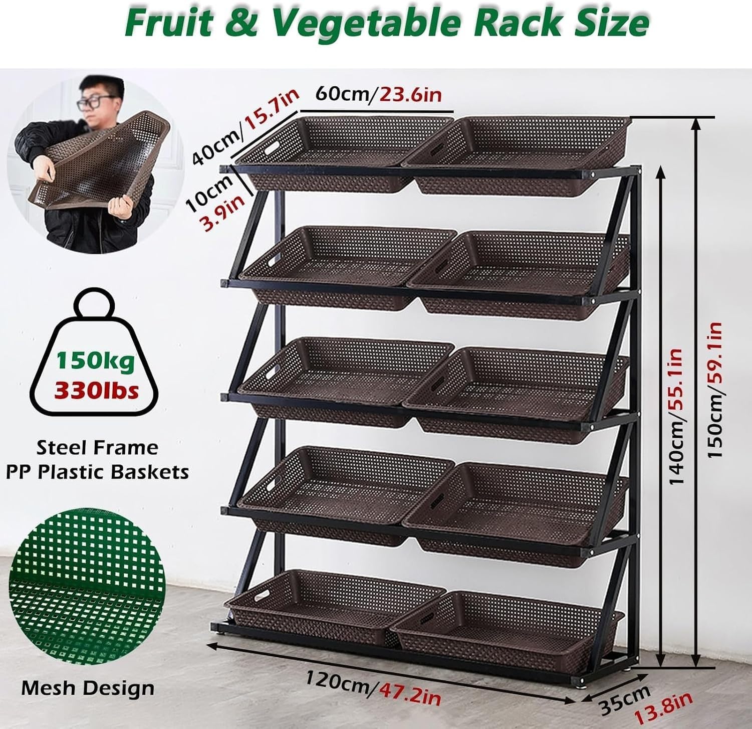 Espositore Commerciale a 5 Ripiani per Frutta e Verdura, Scaffalatura con Grande capacità per Caramelle, Snack e Prodotti Ortofrutticoli per Mercato e, Black, Double