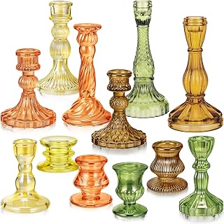 Mumufy 12 Pcs Thankgiving Glass Candle Holders Clear Amber 0.8 in | Thanksgiving Centerpiece for Dining Table Wedding, Ribbed Glass Design Fits Taper Pillar Candles, Bulk Candlestick Set
