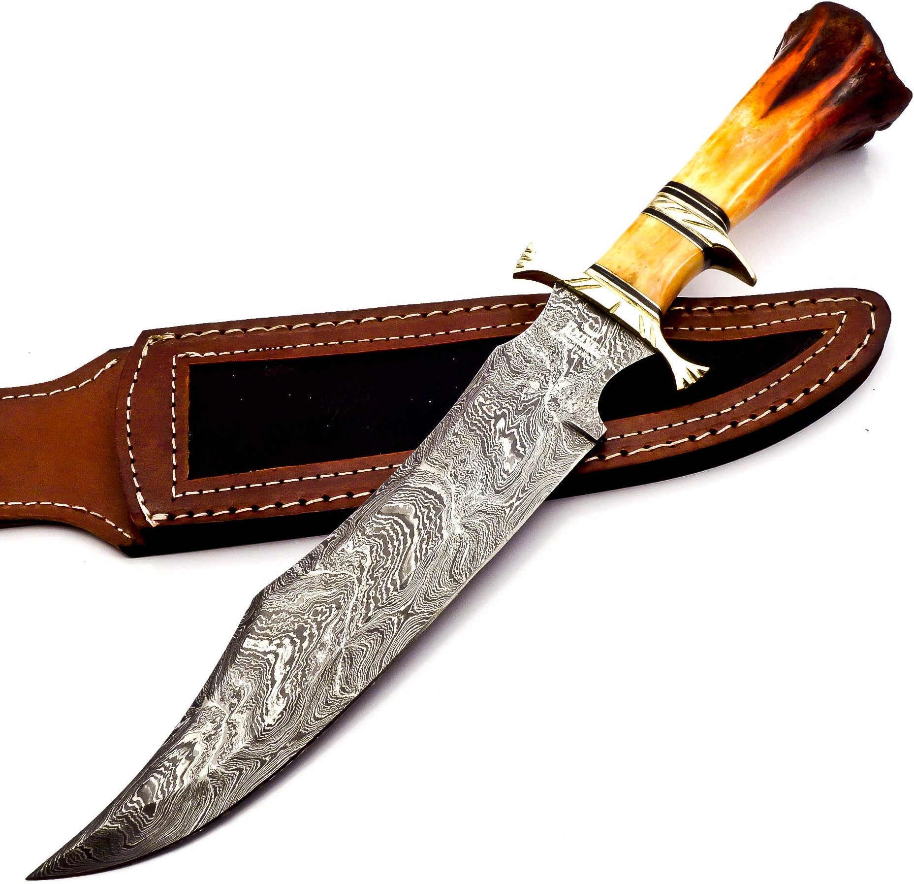 Hand Made Damascus Steel Collectible Bowie Knife Handle Camel Bone (Red)
