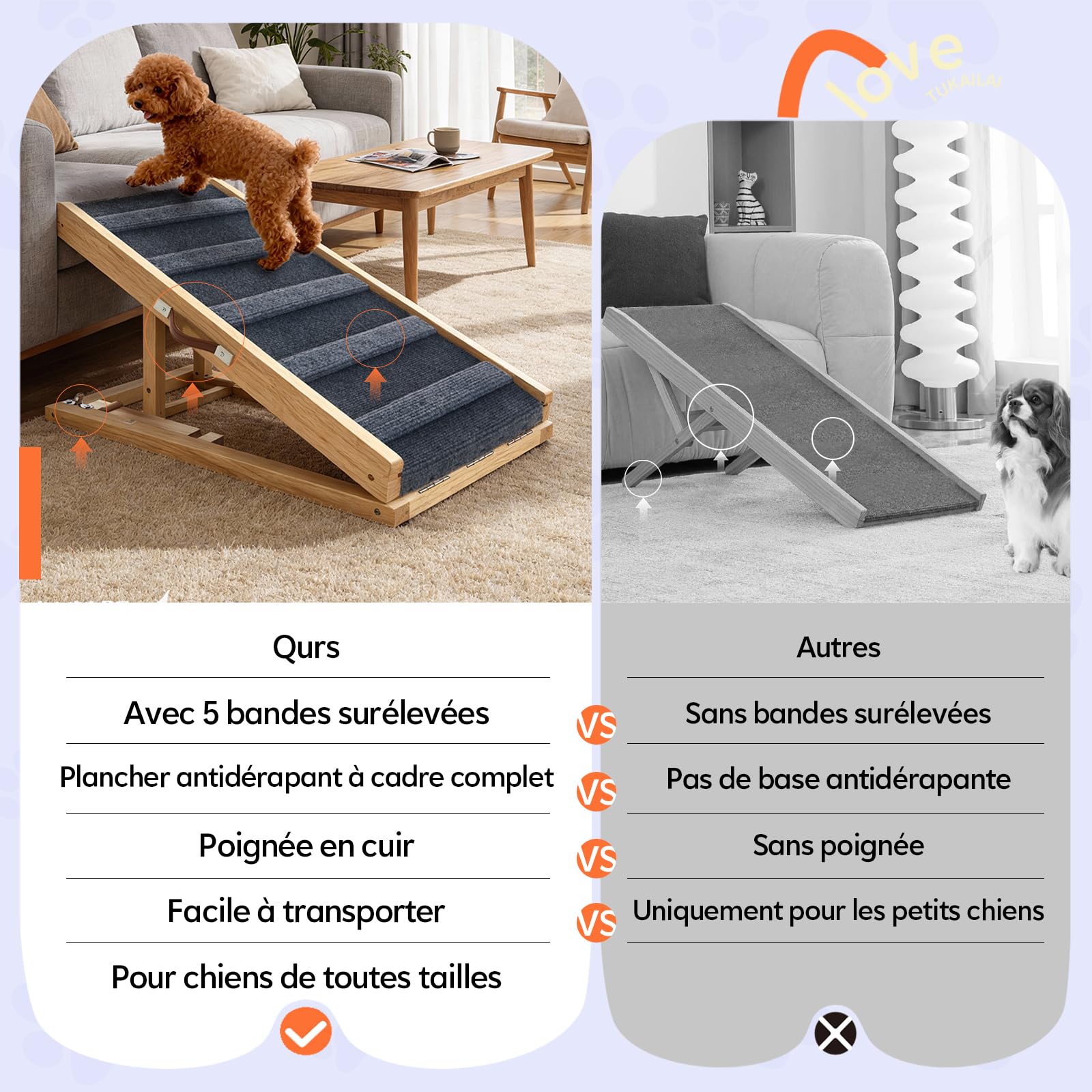 TUKAILAI Rampe pour Chien en Bois Massif, Hauteur Réglable Pliable