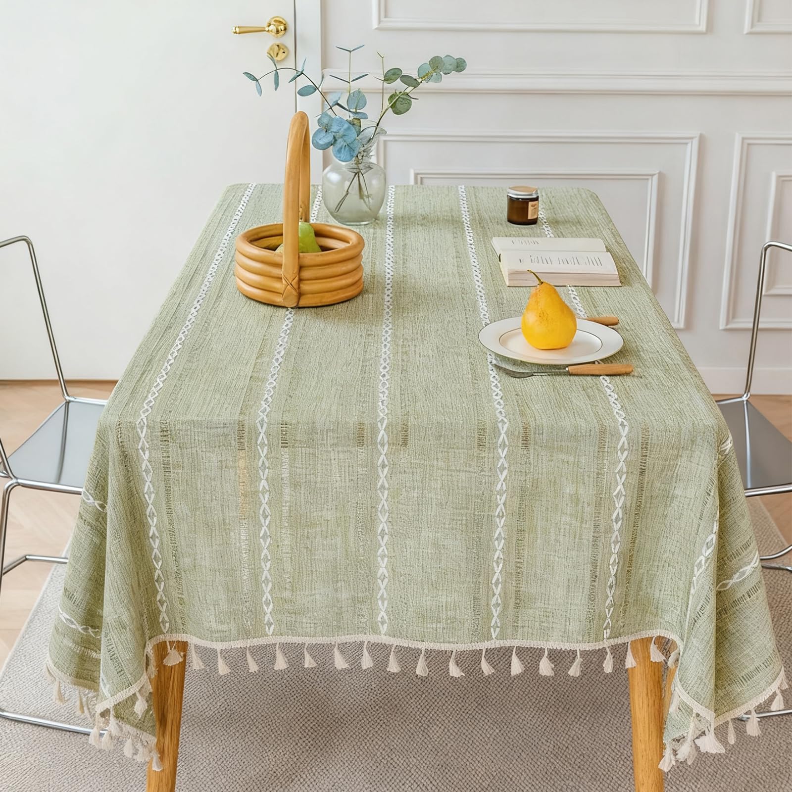 MospdyGear Cotton Linen Tablecloth,140×220cm Rectangular Green Table Cloth with Fringes, Dust-Proof and Washable, Ideal for Kitchen, Dining, and Outdoor Events (86.6x55.1inch)