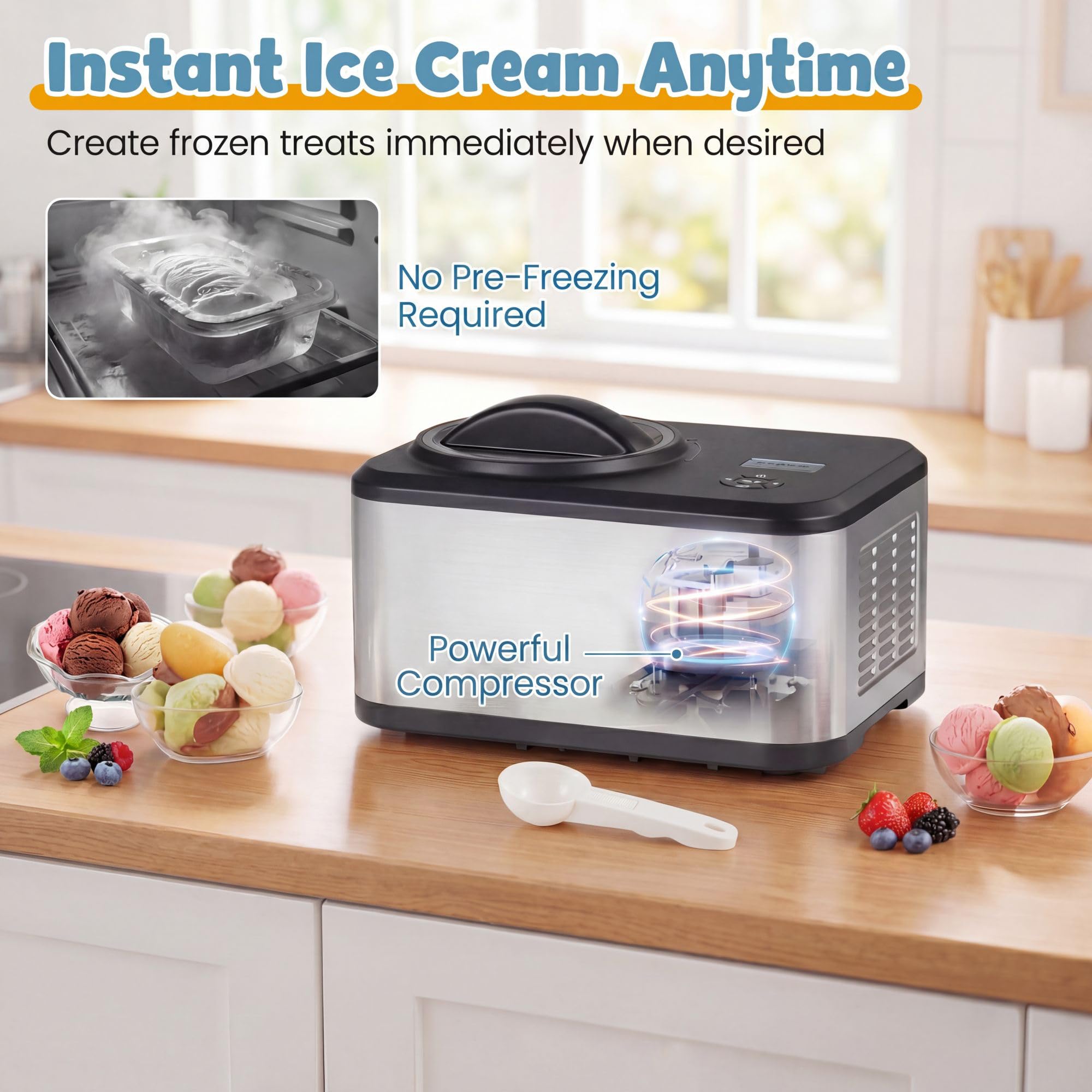 LIFEZEAL Gelatiera Autorefrigerante 1,5 L con Compressore, 120W Macchina per Gelato 4 Modalità, per Frozen Yogurt e Gelato, Display LED, Timer 24H, Cestello Rimovibile e Misurino, Acciaio Inox, Nero