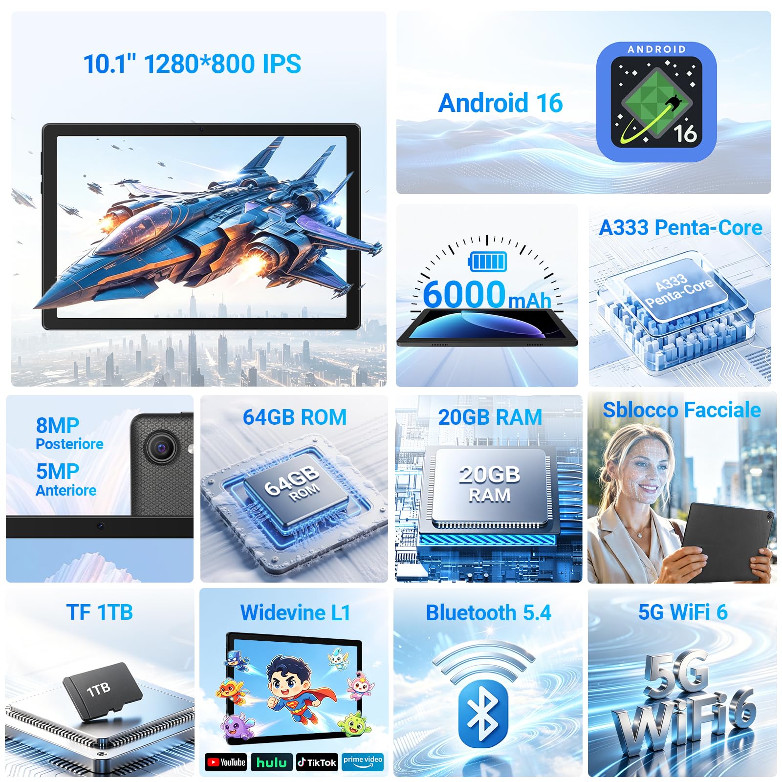Gleeso Tablet Android 16 da 10 Pollici, Tablet con Tastiera 20GB+TF 1TB, Android Tablet PC con Mouse, Penna Stylus, 6000mAh, Fotocamera da 8MP, WiFi 5G, Laptop Portatile per Studenti e Aziende