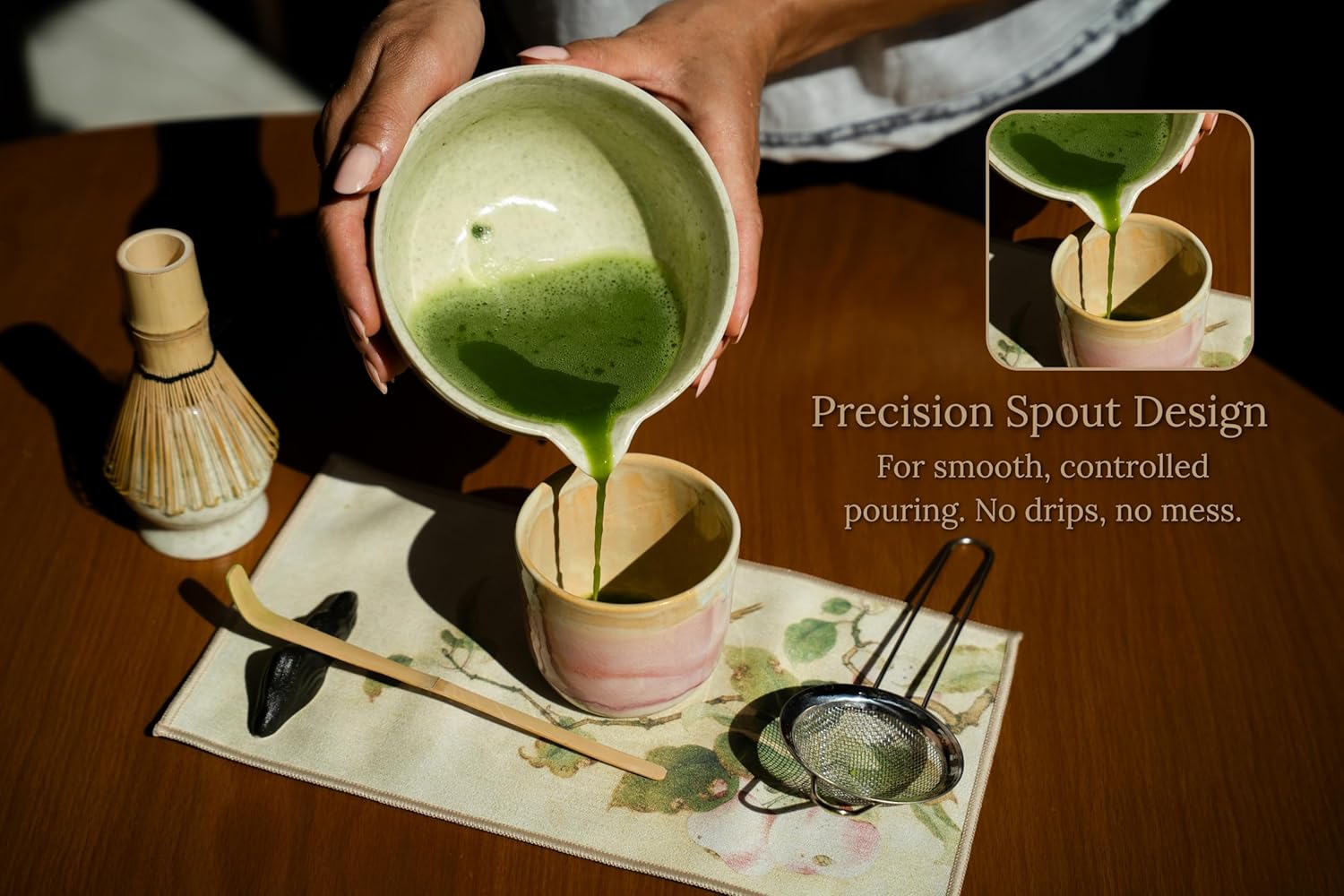 Matcha Whisk Set – 7 Pcs Matcha Kit - Ceramic Bowl, Bamboo Whisk & Holder, Scoop, Sifter, Scoop Rest & Tea Towel – Elegant Matcha Kit for Tea Lovers, Home Decor & Zen Spaces (Green) - Image 5