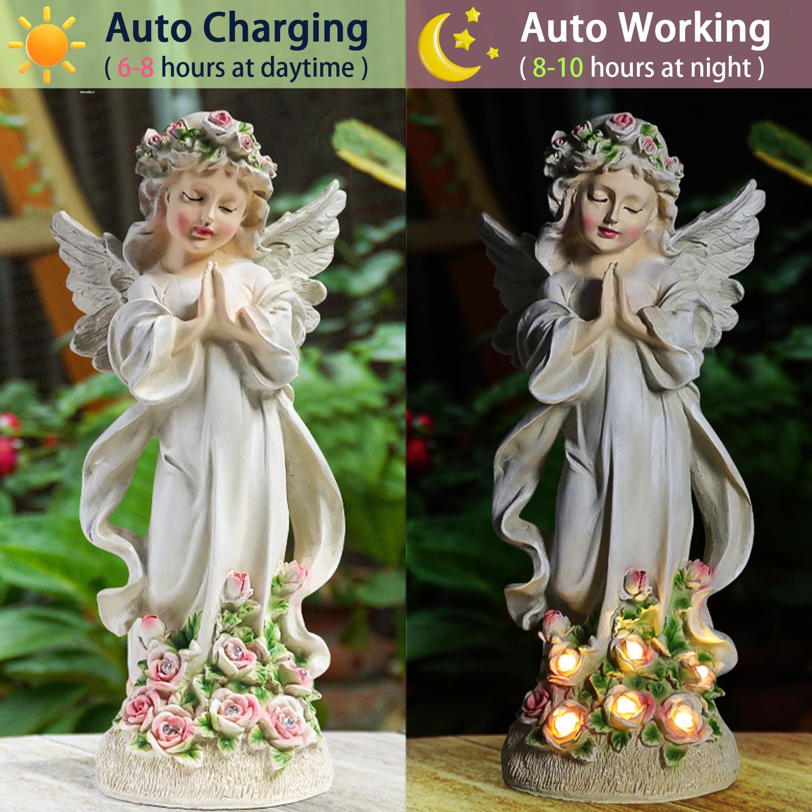 NSXBY Ange Gardien Statue De Jardin Avec La Lumière Solaire,Jardin Résine Ange Figurines Ornement,Décoration Pour Pelouse Cimetière Cadeaux Commémoratifs,Ange Fée Statue