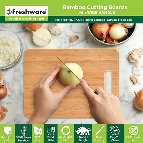 Miniatura 3 de Tabla de cortar de bambú para cocina juego de 3 tablas de cortar de madera para picar carne verduras frutas queso bandeja de servir apta para