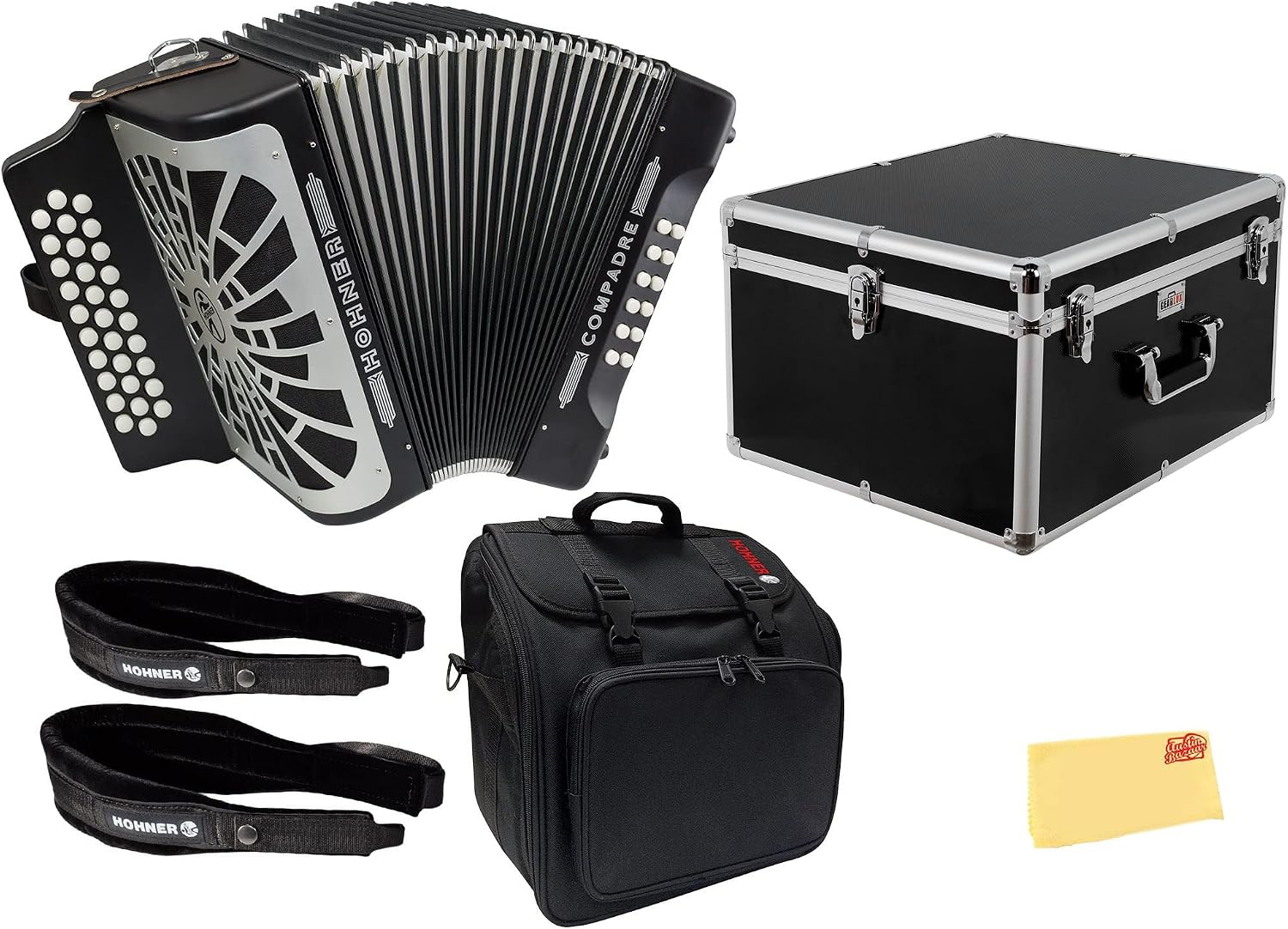 Hohner Compadre GCF 3-Row Diatonic Accordion Bundle with Gig Bag and Austin Bazaar Polishing Cloth - Black