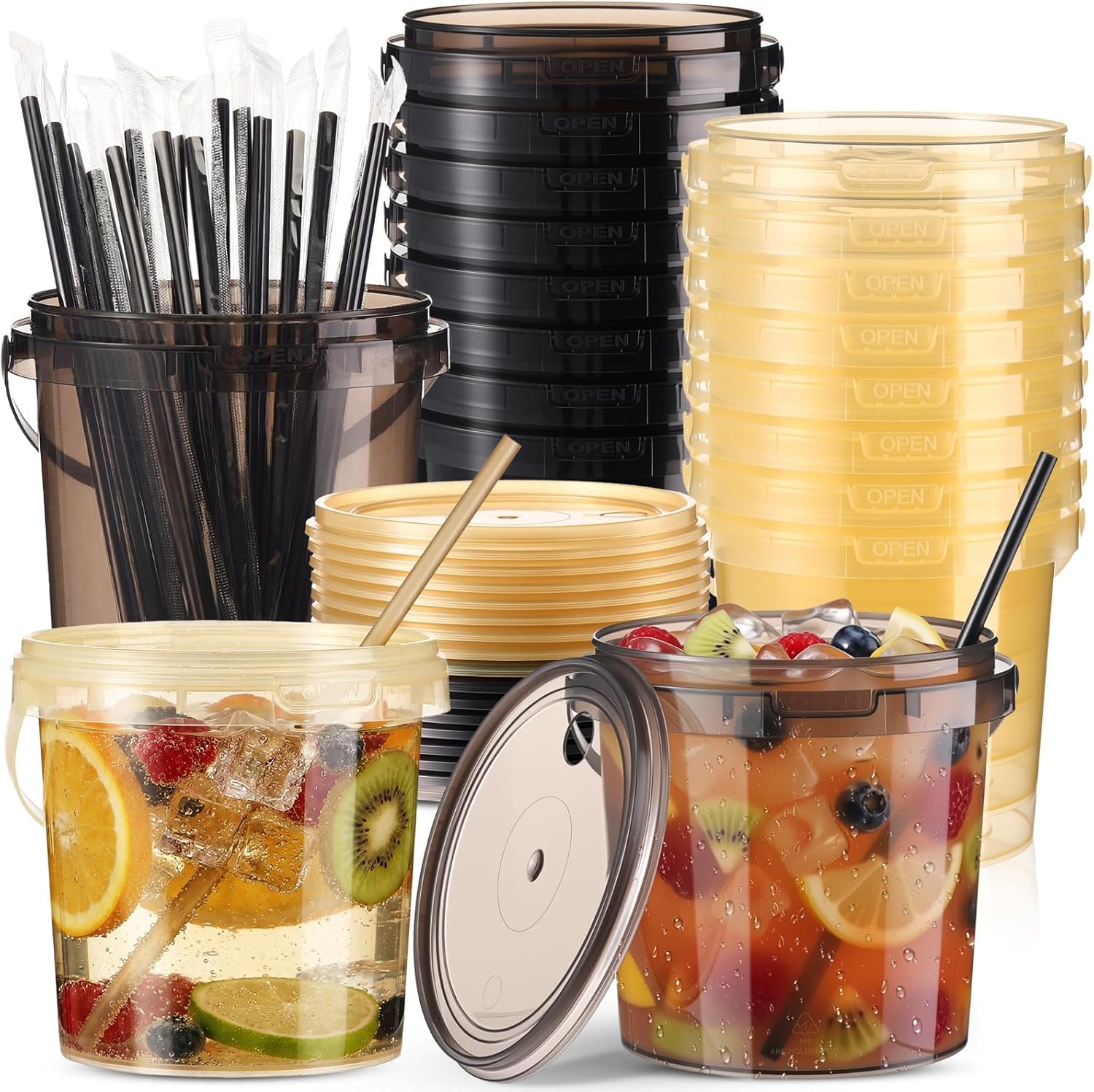 Funnymoom 24 Pack 32 oz Plastic Rum Buckets for Drinks with Straws Ice Cream Cocktail Bucket with Lids and Handles Reusable Food Containers Cup for Parties Summer Beach Bar Beer (Black)