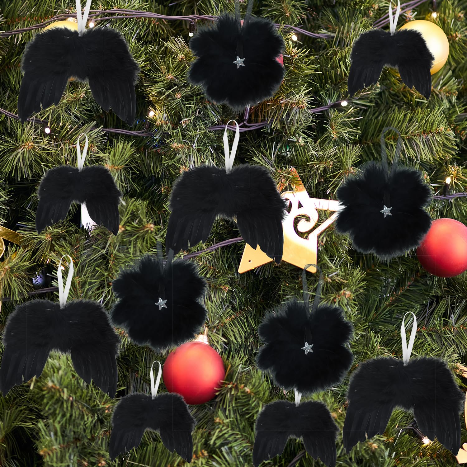 12 Pcs White Feather Christmas Tree Decorations, Personalised Angel Wings Ornaments for Xmas Decoration Birthday Wedding Baby Shower Party Supplies (Black, 12)