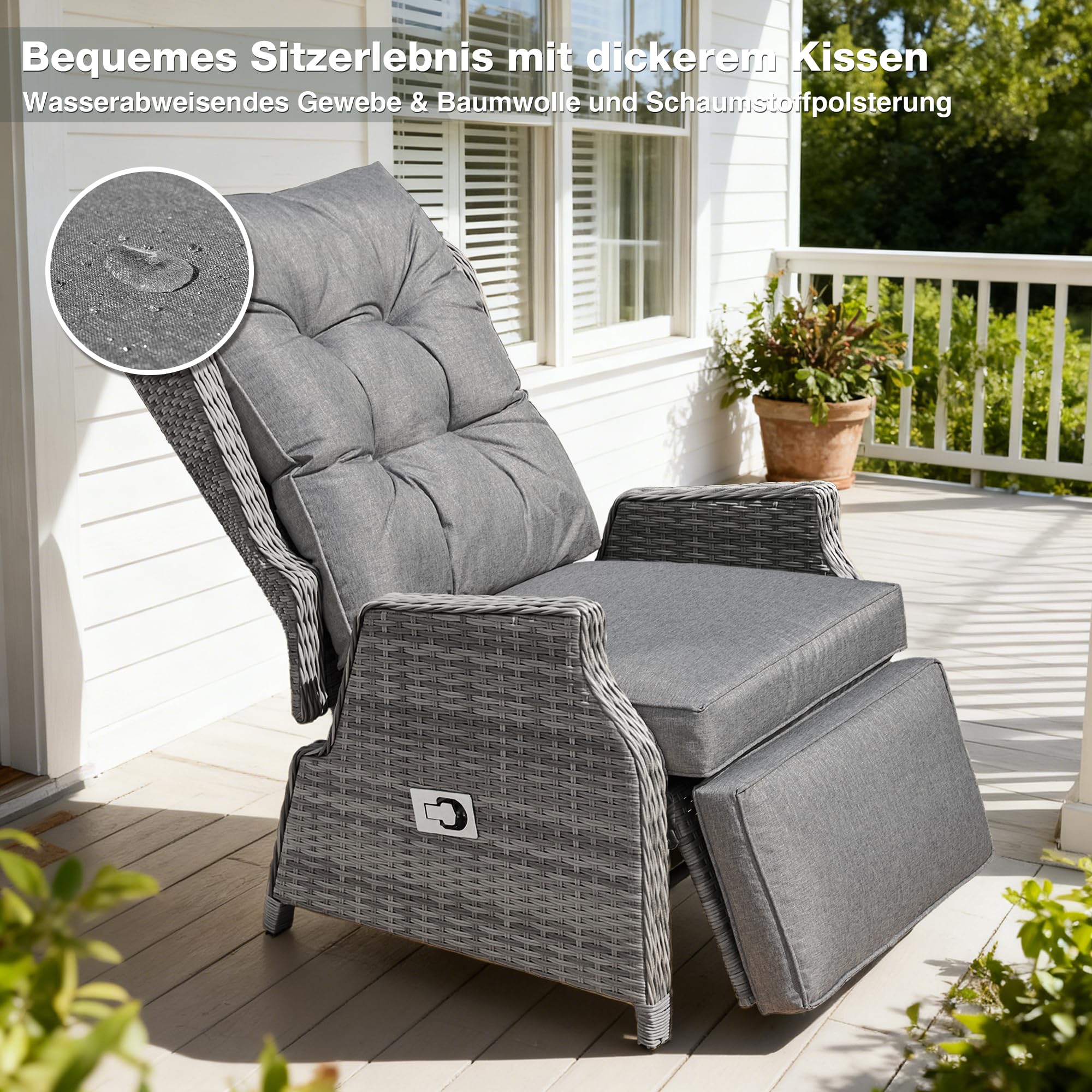 COMLAX FIELD Gartensessel mit Liegefunktion Wetterfest, Relaxsessel Verstellbar, Relaxliege für Innen, Gartenliege und Loungesessel aus Rattan, Dunkelgrau