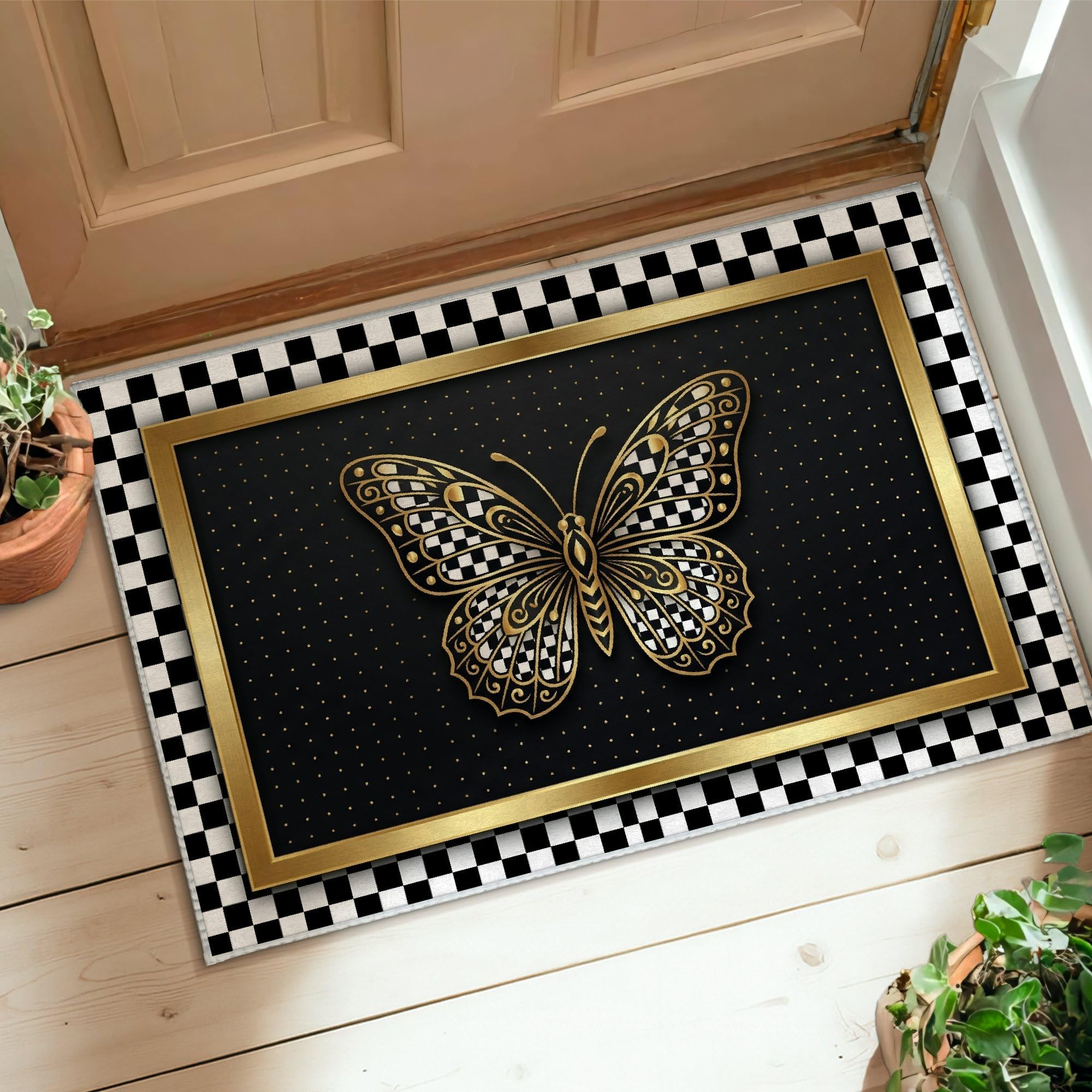 Tapis papillon moderne noir et doré 60x90 cm pour entrée