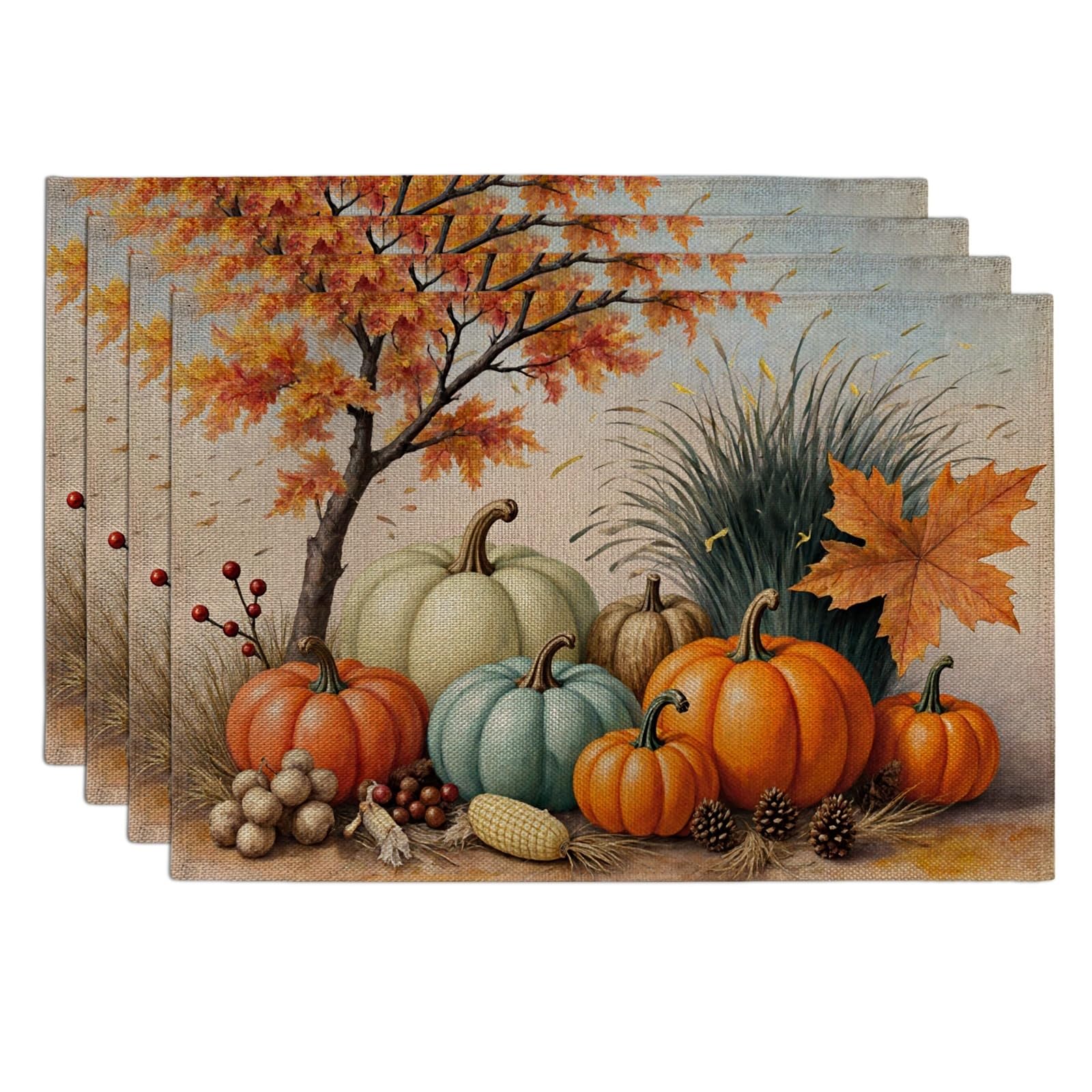 Autumn Pumpkin Placemats, Rustic Harvest Decorative Place Mats for Dining Table, Fall Thanksgiving Non-Slip Washable Indoor Outdoor Kitchen Party Placemats Set of 4