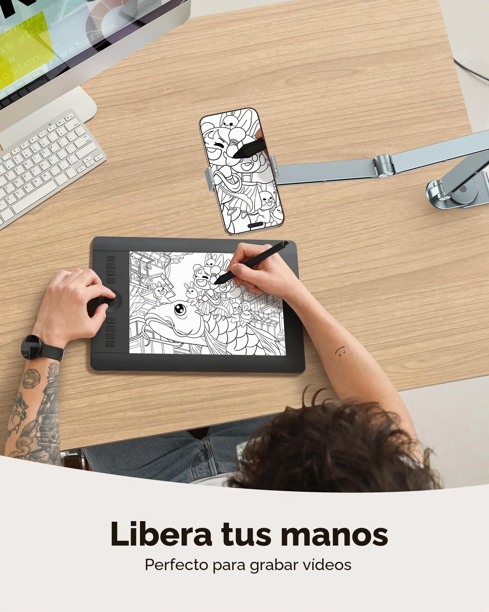OMOTON Soporte para Tableta de Aluminio para Escritorio, Giratorio 360°, GH03 Soporte Ajustable con 2 Abrazaderas de Plástico (Teléfono y Tablet), para iPad/iPhone de 4 a 12", Gris