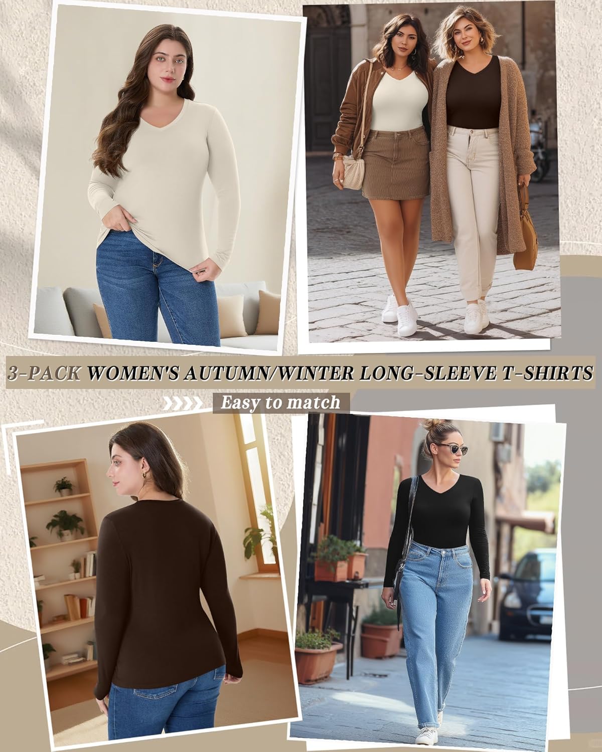 3 Pack Women's Plus Size T-Shirts Long Sleeve V Neck Slim Fitted Tunic Tops Casual Stretchy Basic Tee Shirt Xl-5XL - Image 4