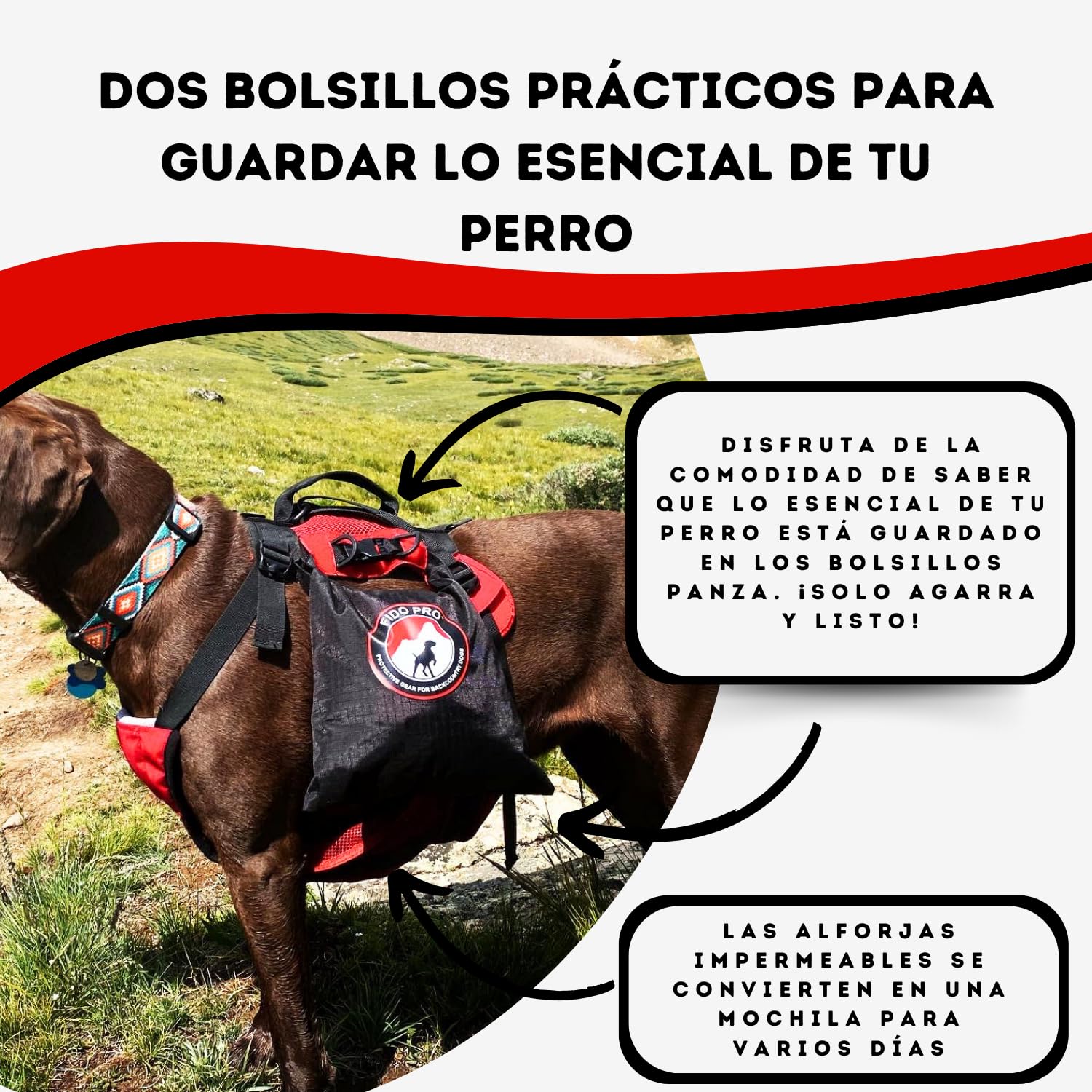 Fido Pro Arnés Panza V2 con Rescate de Emergencia Desplegable - Arnés para Perros Medianos a XL con Bolsillos, Hebillas de Escalada, Asa de Elevación y Equipo de Senderismo, 14 a 68 Kilogramos (Negro)