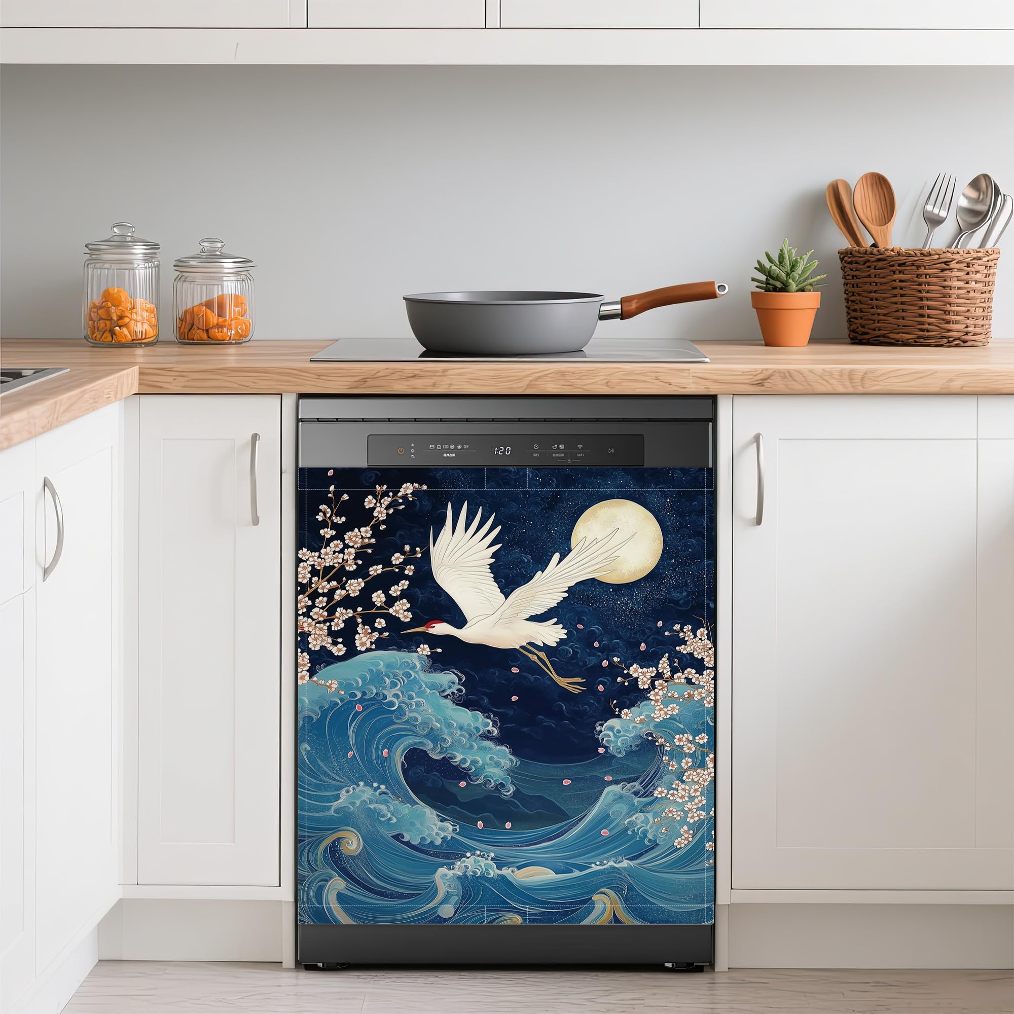Dishwasher Magnets Decorative Cover,Japanese Crane Refrigerator Magnet Cover,Washable Blue Sea Wave Pink Flowers Dishwasher Front Panel Cover Home Kitchen Decoration 23x26 Inch