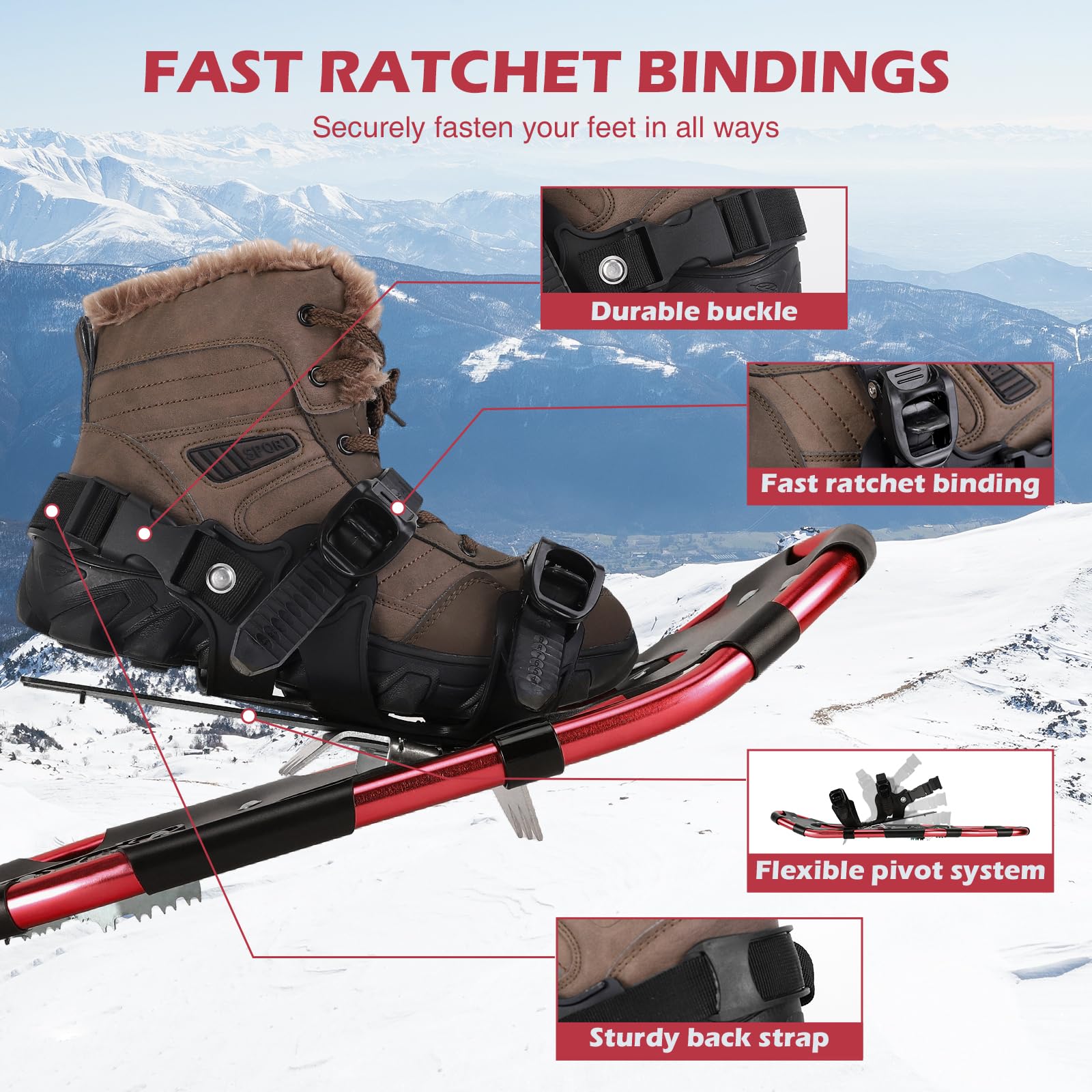 Kit de Raquettes à Neige 4 en 1 pour Hommes, Femmes et Jeunes, Raquettes en Aluminium Légères avec Bâtons Réglables, Guêtres Imperméables, Sac de Transport, Tailles 53cm/63cm/76cm