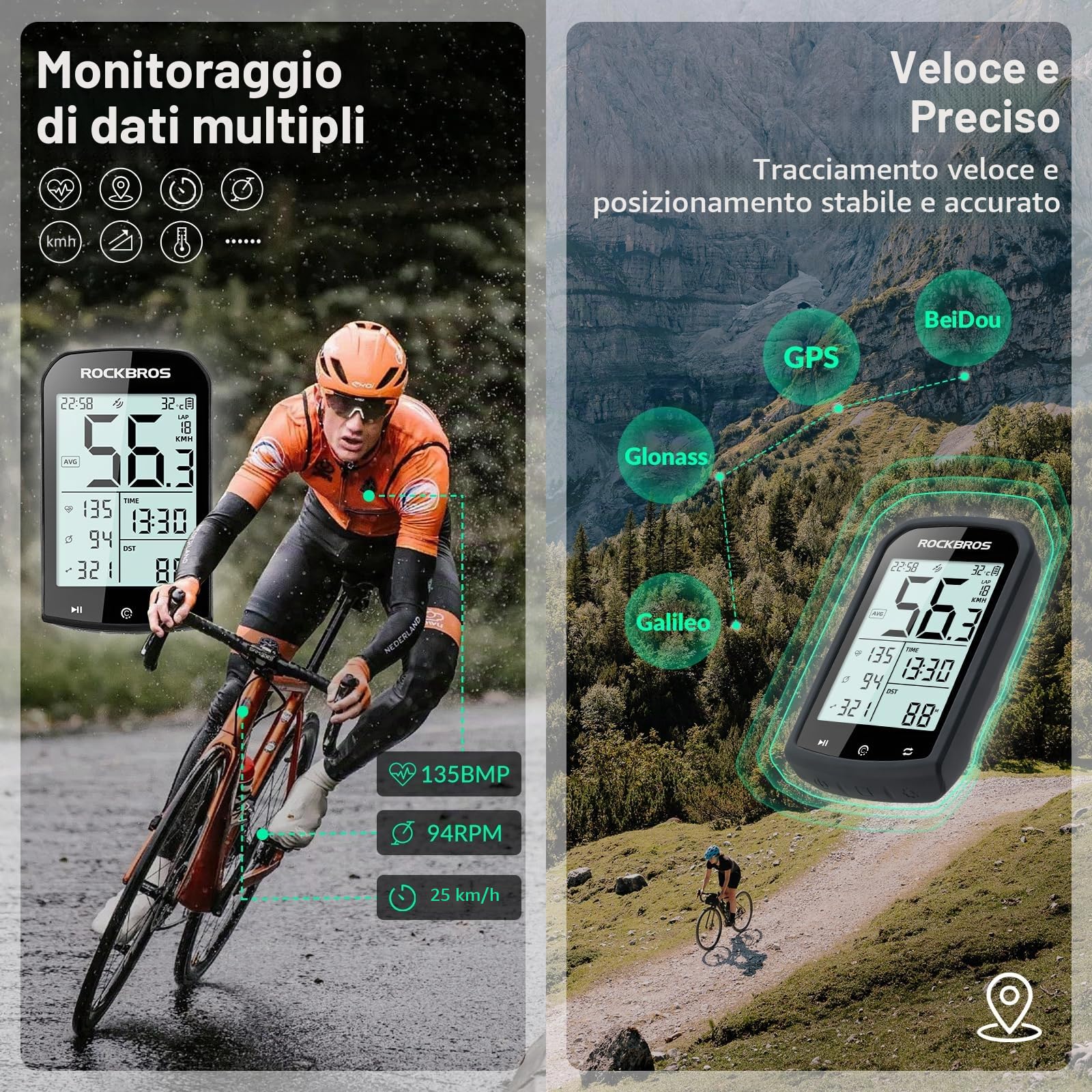 ROCKBROS Ciclocomputer Gps Sensibile Wireless Bici, Contachilometri per Bicicletta MTB, ANT+ Bluetooth 5.0, Impermeabile IPX6, Type-C Ricaricabile, Display 2,9 pollici, con Supporto