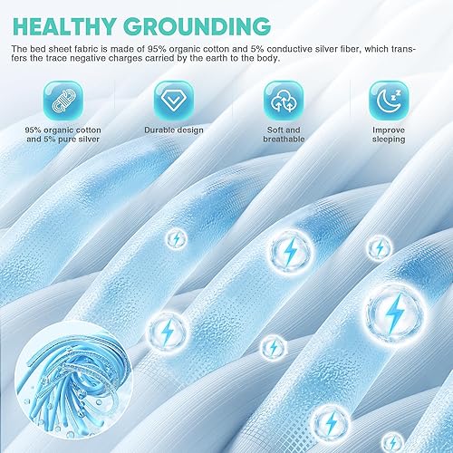 Miniatura 4 de AsmrCap Grounding Sheets King, 95% algodón orgánico + 5% fibra de plata pura, sábanas de tierra con cable de tierra, kit de conexión a tierra para