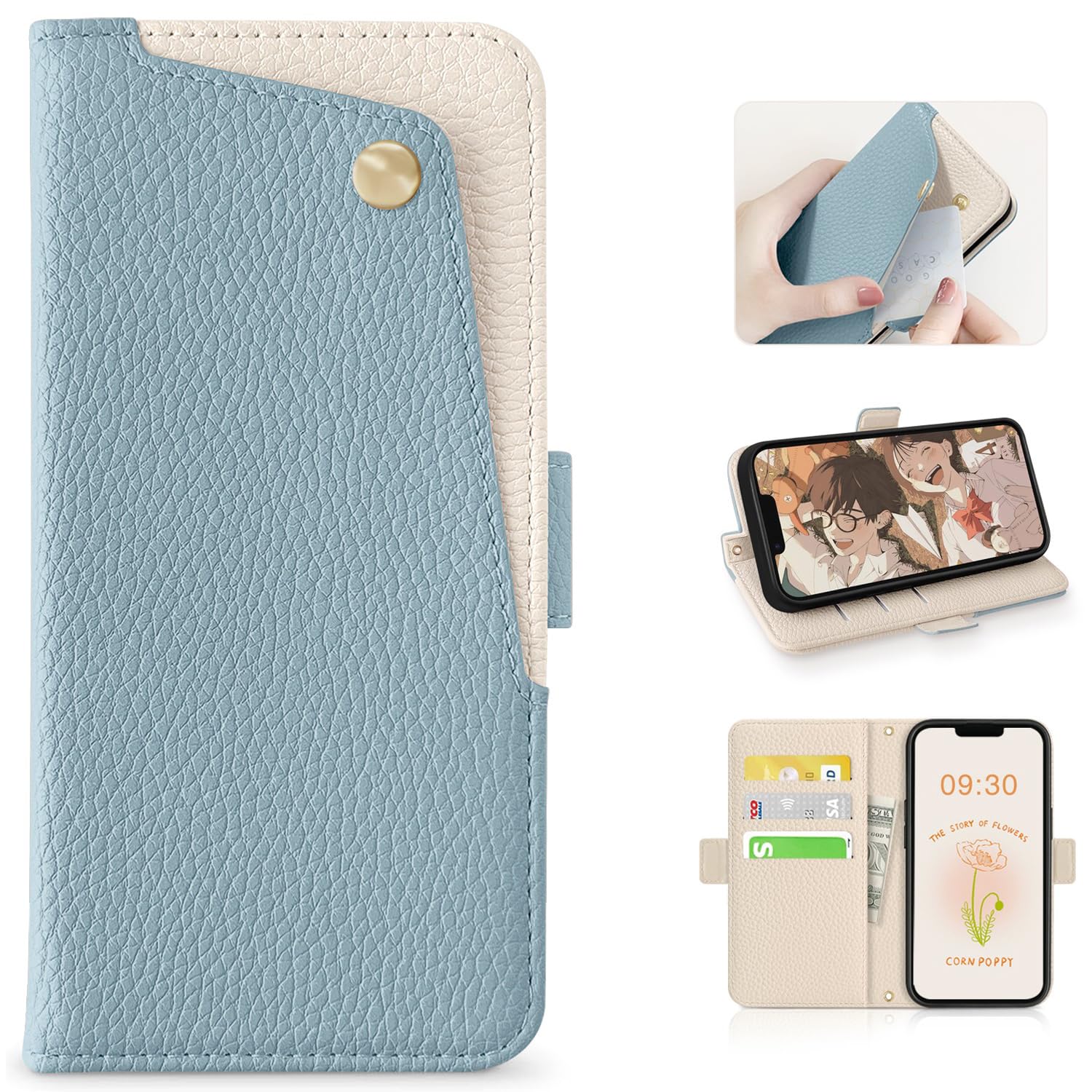CASSYOOK for いphone12 mini ケース 手帳型 iphone12 mini ケース 財布型 カバー カードポケット付き アイフォン12mini ケース 全面保護 アイホン12ミニケース手帳型 カード収納 横置きスタンド機能 高級PUレザー おしゃれ 上質な手触り 擦り傷防止(ブルー)