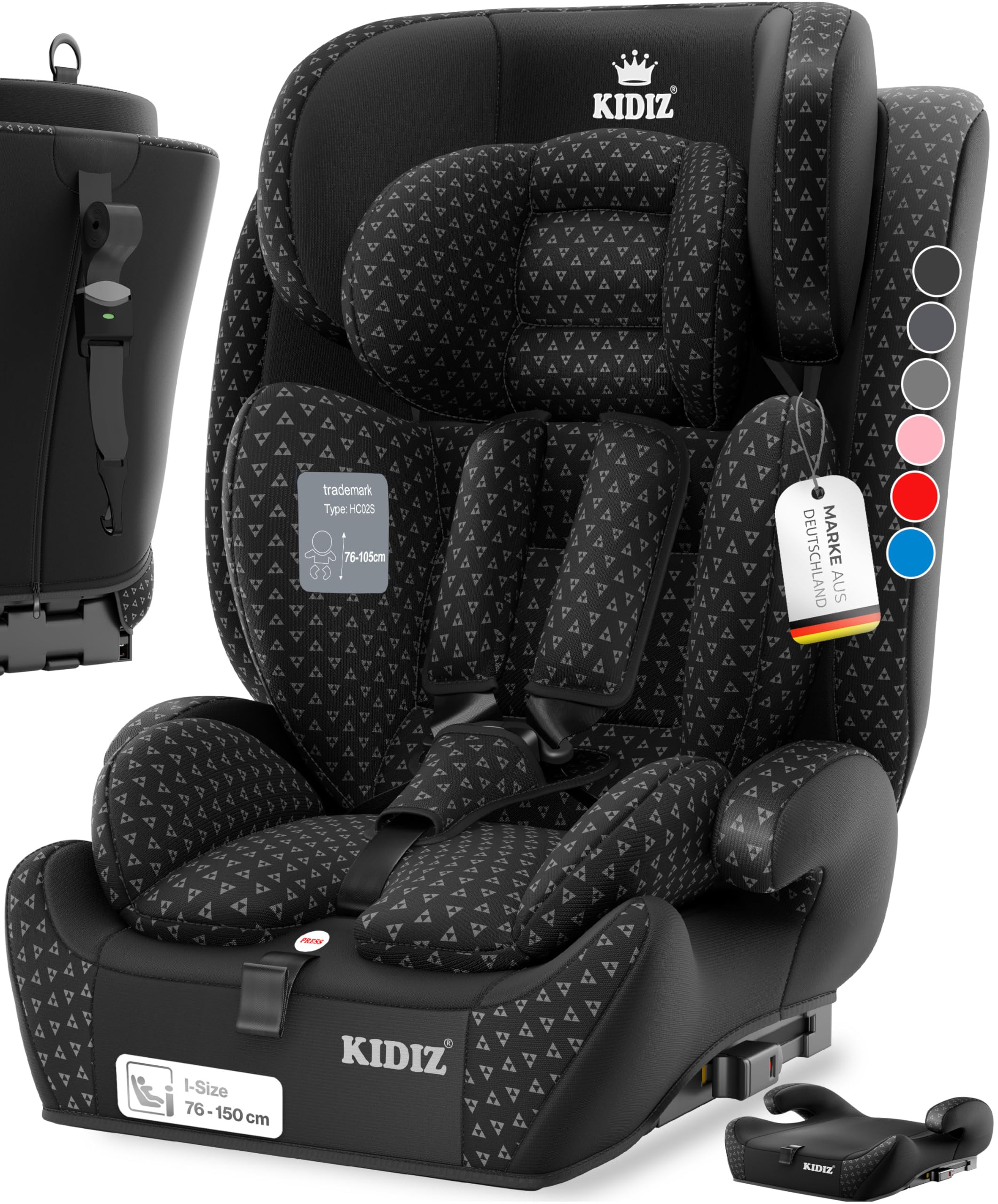 KIDIZ® Autokindersitz mit Isofix i-Size R129 100-150cm bis 12 Jahre, Kinderautositz Gruppe 1/2/3, mitwachsender Kindersitz, 5-Punkt-Gurt, höhenverstellbare Kopfstütze, Sitzerhöhung Auto, Schwarz