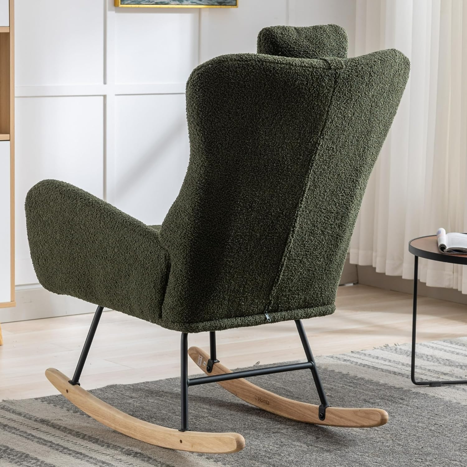 Nursery Rocking Chair, Teddy Upholstered Glider Rocker, Rocking Accent Chair with High Backrest, Comfy Rocking Accent Armchair for Living Room, Bedroom, Offices-White (Dark Green)
