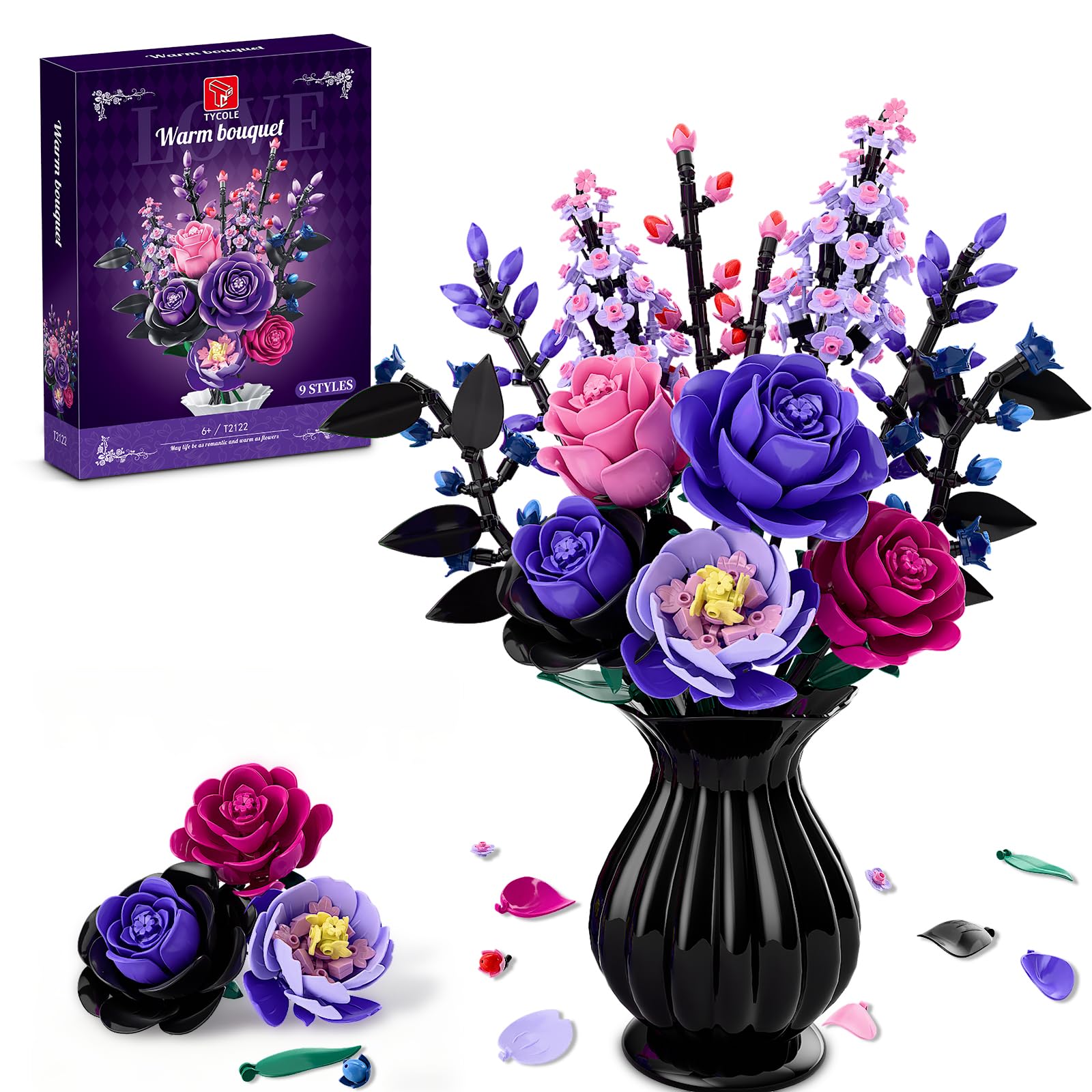 TYCOLE Bouquet de Roses Violettes en Briques, 806 Pièces, Déco Gothique, 6+