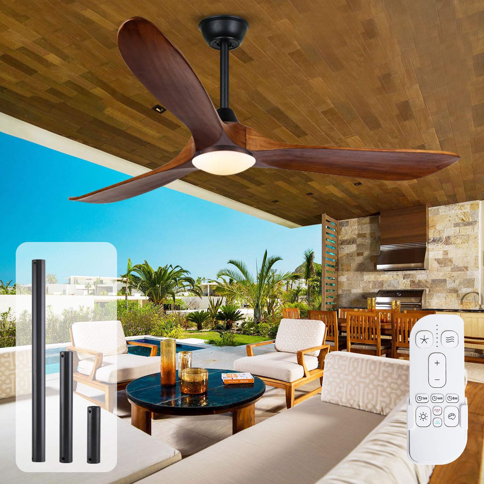 OUENGK60 Inch Wood Ceiling Fan with Light, Indoor Outdoor Ceiling Fans for Patios with Reversible DC Motor,Large Airflow Propeller Ceiling Fan for Farmhouse Bedroom Porch